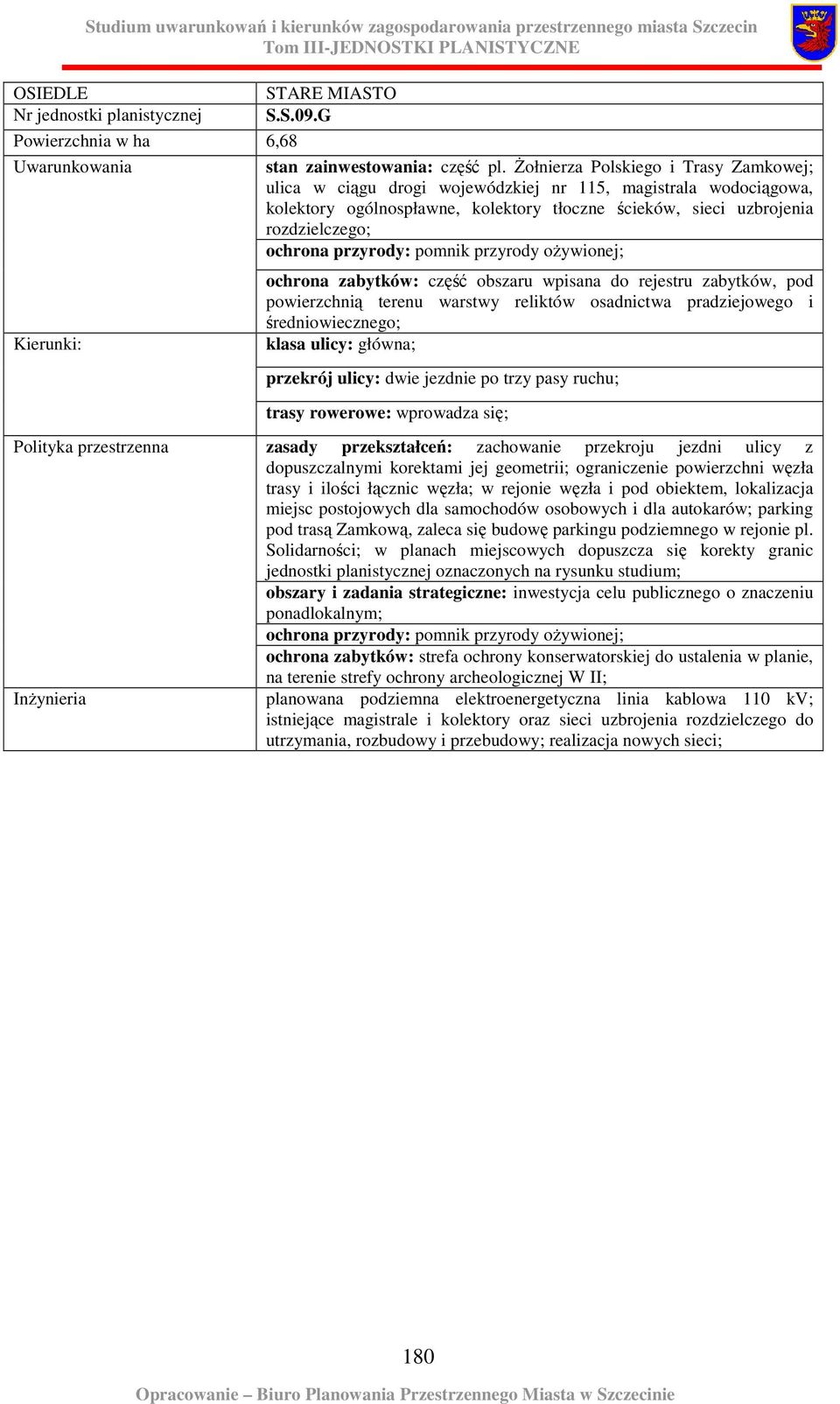 przyrody: pomnik przyrody oŝywionej; InŜynieria ochrona zabytków: część obszaru wpisana do rejestru zabytków, pod powierzchnią terenu warstwy reliktów osadnictwa pradziejowego i średniowiecznego;