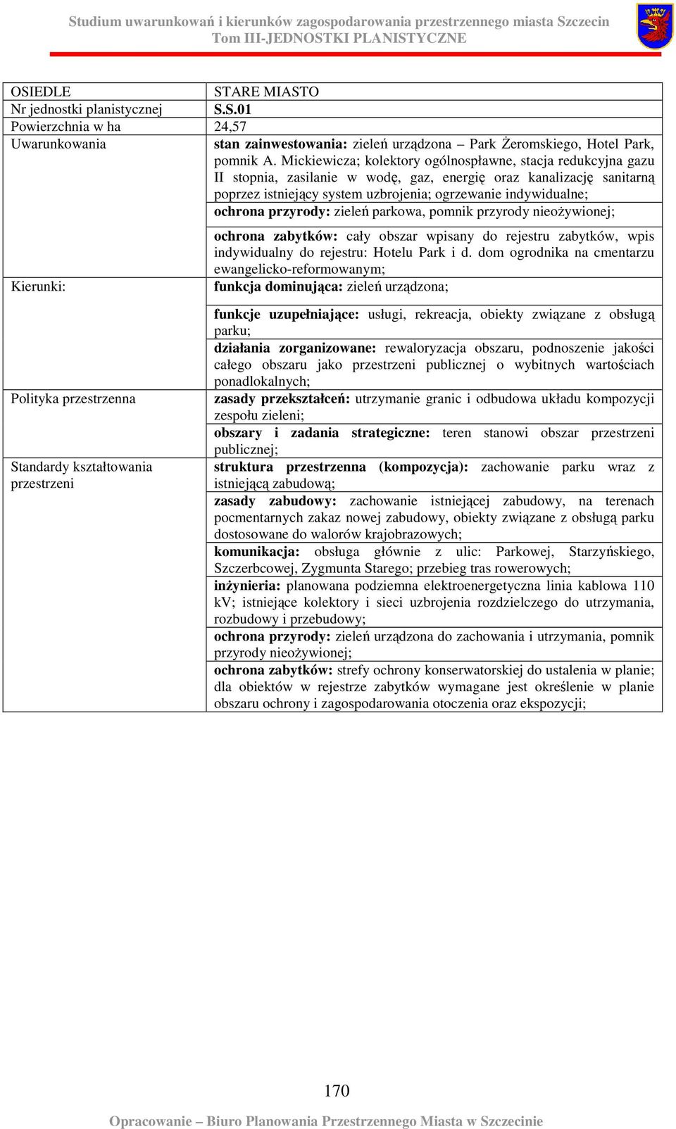 ochrona przyrody: zieleń parkowa, pomnik przyrody nieoŝywionej; Standardy kształtowania przestrzeni ochrona zabytków: cały obszar wpisany do rejestru zabytków, wpis indywidualny do rejestru: Hotelu