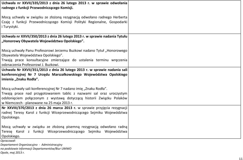 Uchwała nr XXVII/350/2013 z dnia 26 lutego 2013 r. w sprawie nadania Tytułu Honorowy Obywatela Województwa Opolskiego.