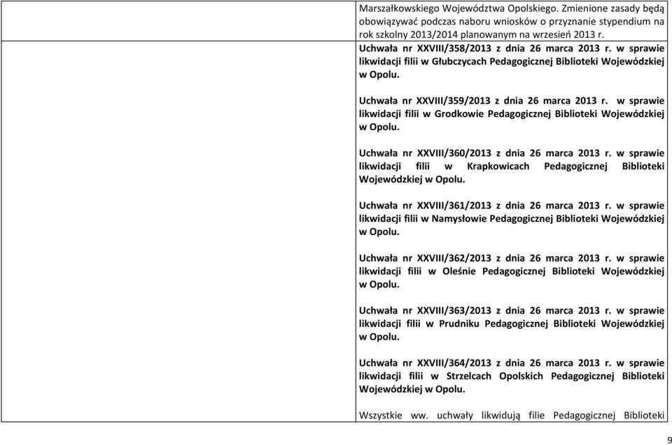 w sprawie likwidacji filii w Grodkowie Pedagogicznej Biblioteki Wojewódzkiej Uchwała nr XXVIII/360/2013 z dnia 26 marca 2013 r.
