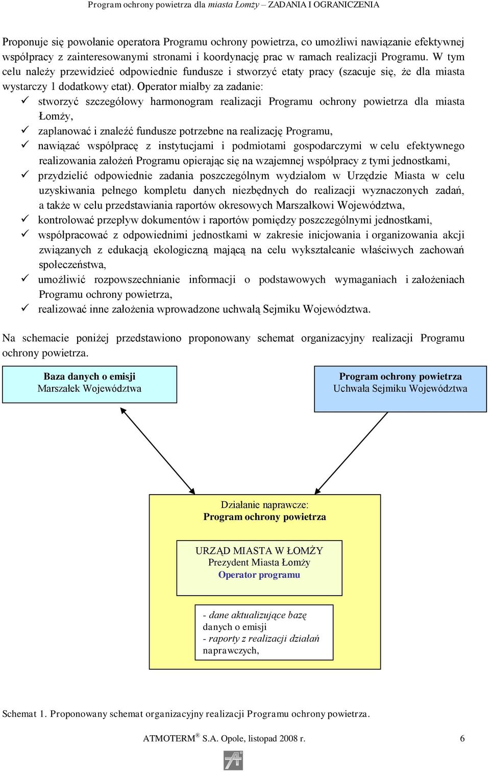 Operator miałby za zadanie: stworzyć szczegółowy harmonogram realizacji Programu ochrony powietrza dla miasta Łomży, zaplanować i znaleźć fundusze potrzebne na realizację Programu, nawiązać