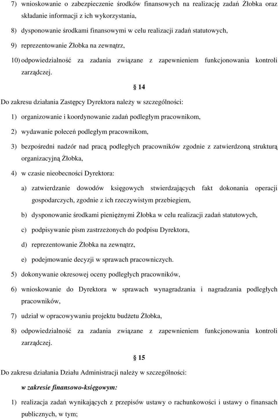 14 Do zakresu działania Zastępcy Dyrektora należy w szczególności: 1) organizowanie i koordynowanie zadań podległym pracownikom, 2) wydawanie poleceń podległym pracownikom, 3) bezpośredni nadzór nad