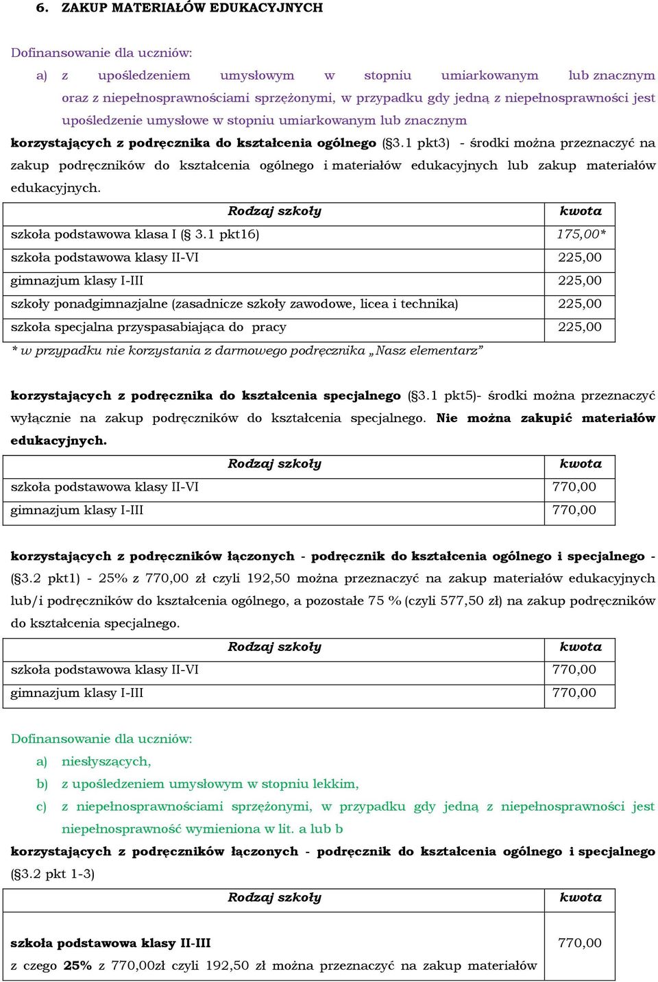 1 pkt3) - środki można przeznaczyć na zakup podręczników do kształcenia ogólnego i materiałów edukacyjnych lub zakup materiałów edukacyjnych. Rodzaj szkoły kwota szkoła podstawowa klasa I ( 3.