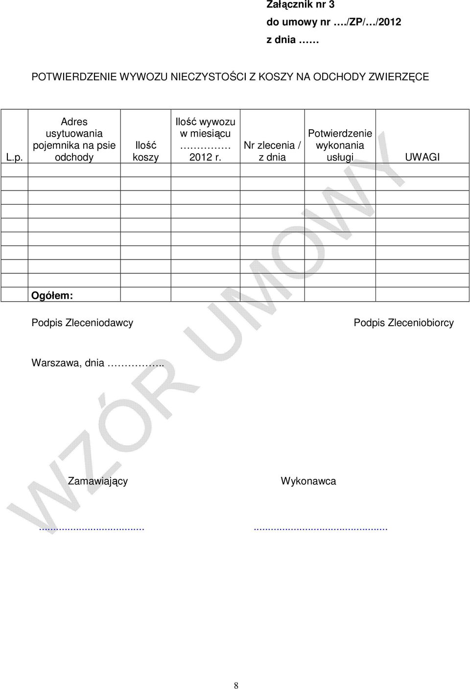 Adres usytuowania pojemnika na psie odchody Ilość koszy Ilość wywozu w miesiącu 2012 r.