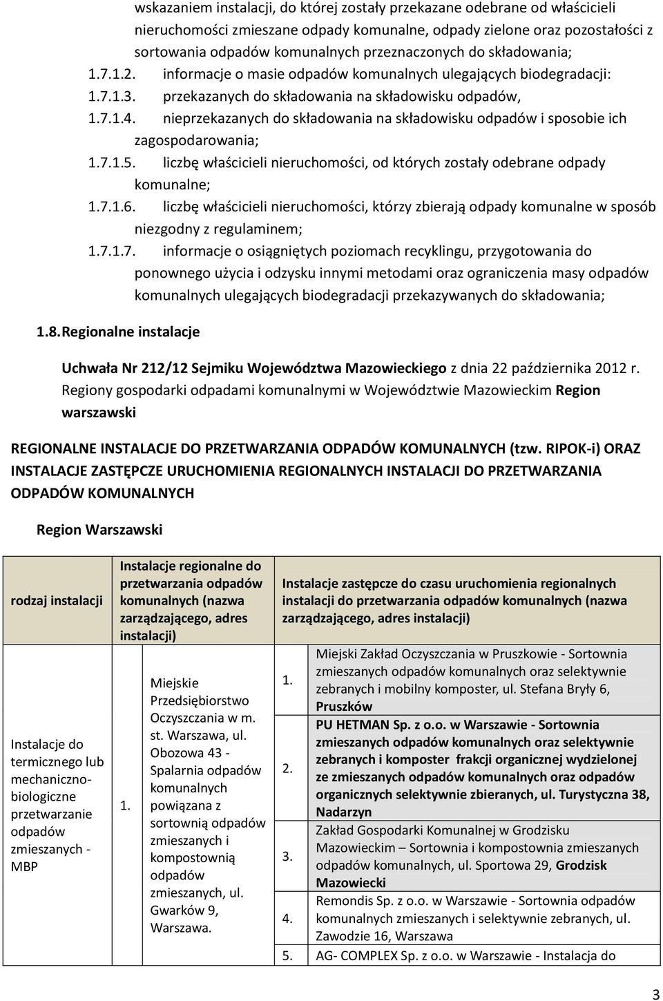 nieprzekazanych do składowania na składowisku i sposobie ich zagospodarowania; 1.7.1.5. liczbę właścicieli nieruchomości, od których zostały odebrane odpady komunalne; 1.7.1.6.