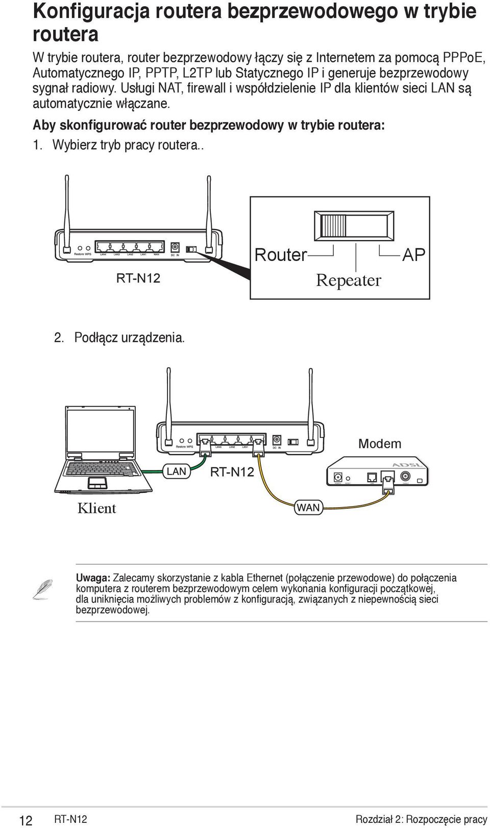 Wybierz tryb pracy routera.. RT-N12 Router Repeater AP 2. Podłącz urządzenia.