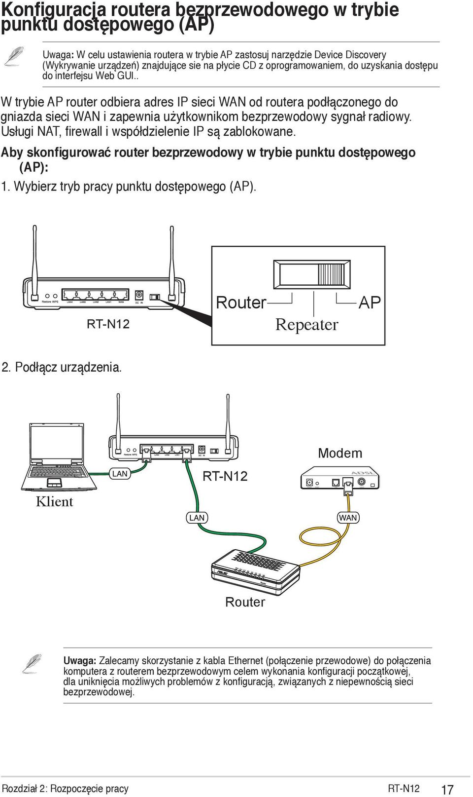 . W trybie AP router odbiera adres IP sieci WAN od routera podłączonego do gniazda sieci WAN i zapewnia użytkownikom bezprzewodowy sygnał radiowy.