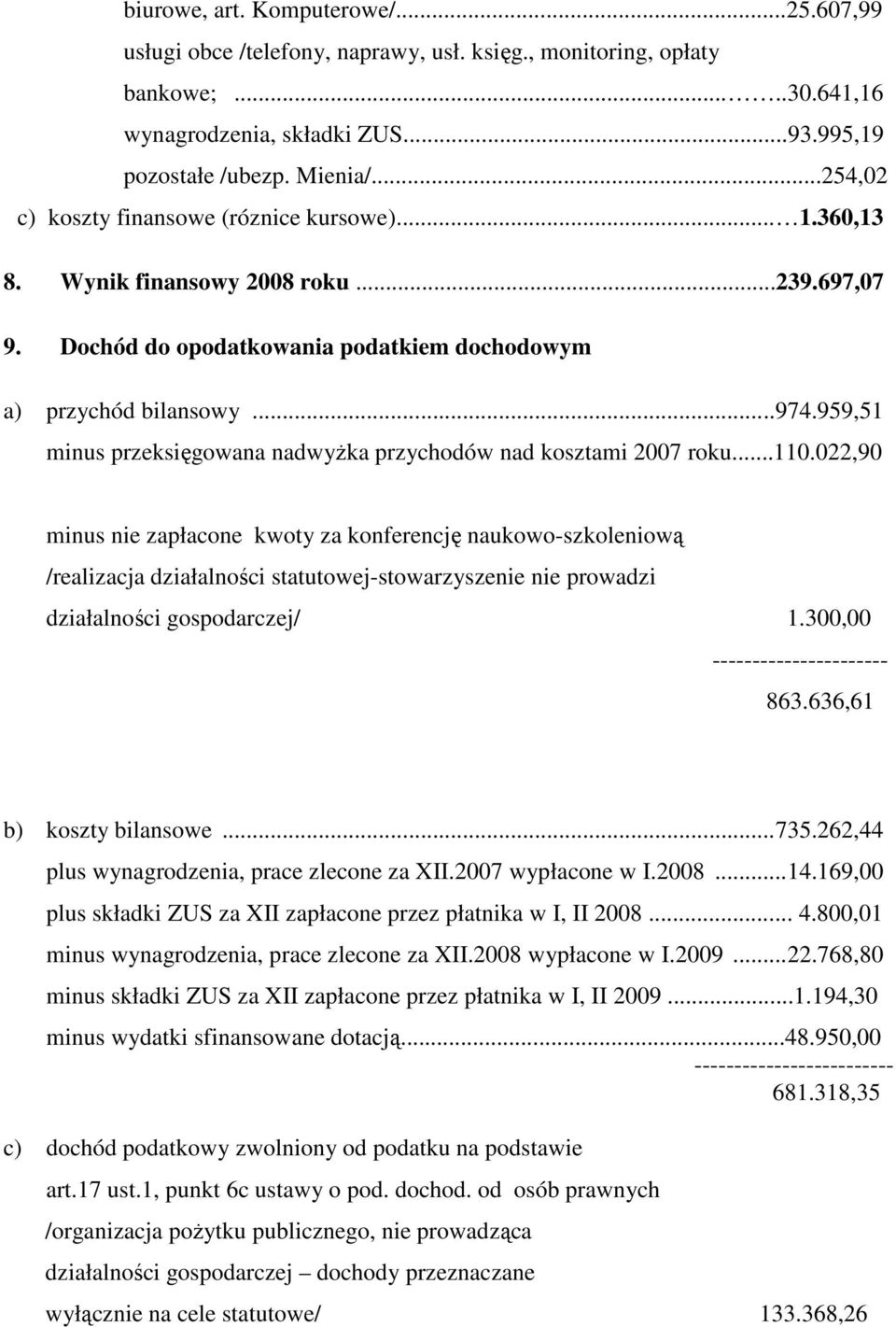959,51 minus przeksięgowana nadwyŝka przychodów nad kosztami 2007 roku...110.