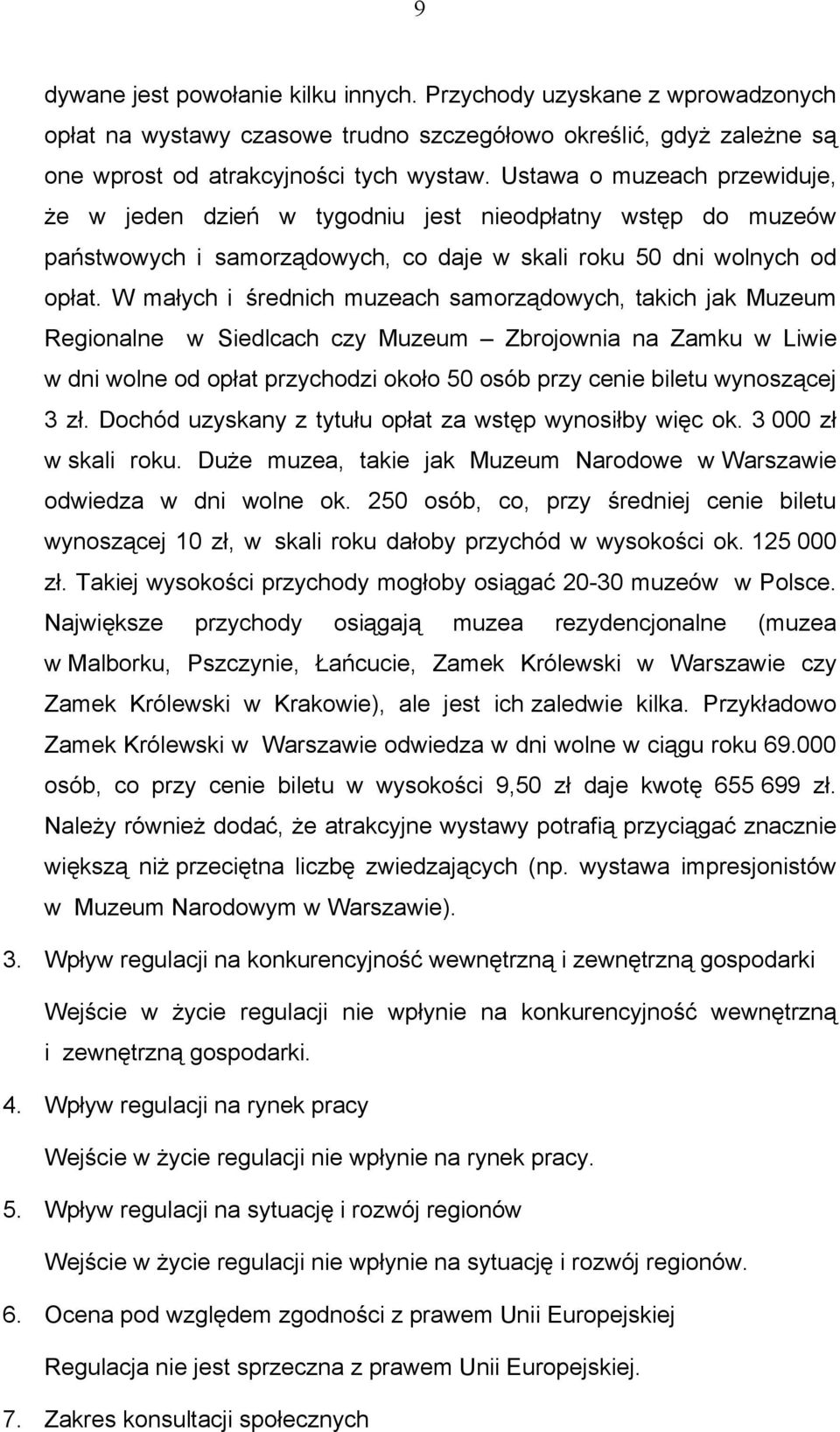 W małych i średnich muzeach samorządowych, takich jak Muzeum Regionalne w Siedlcach czy Muzeum Zbrojownia na Zamku w Liwie w dni wolne od opłat przychodzi około 50 osób przy cenie biletu wynoszącej 3