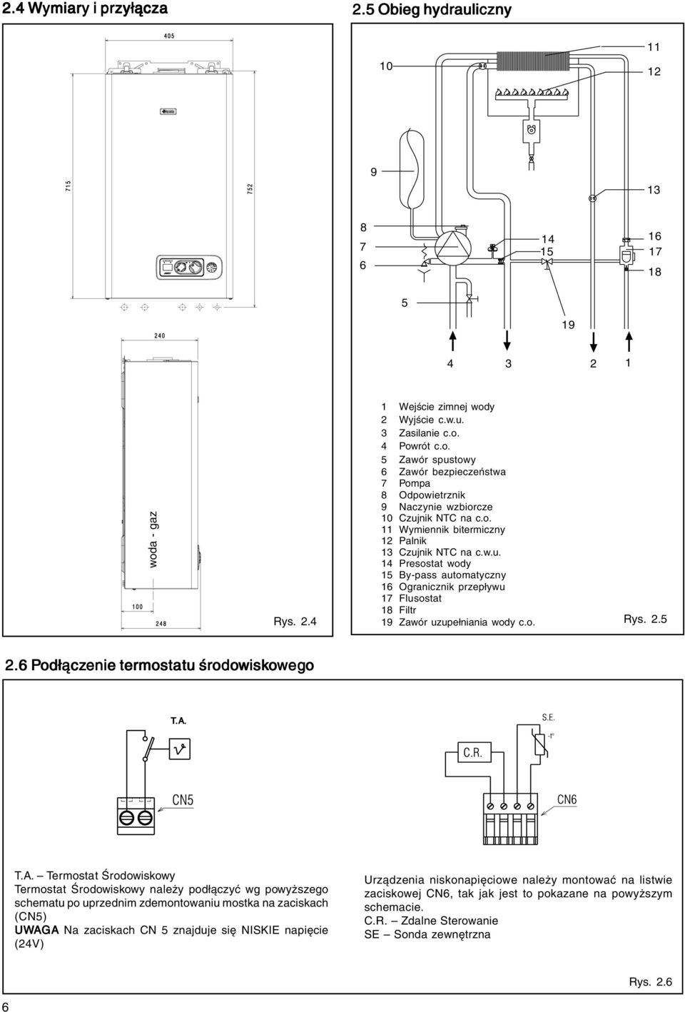 w.u. 14 Presostat wody 15 By-pass automatyczny 16 Ogranicznik przepływu 17 Flusostat Rys. 2.4 18 Filtr 19 Zawór uzupełniania wody c.o. Rys. 2.5 2.