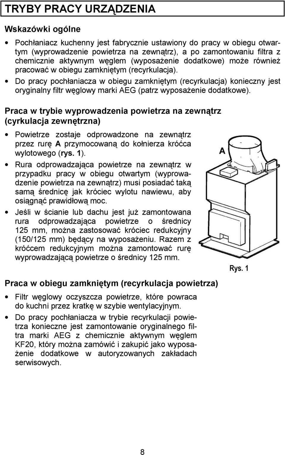 Do pracy pochaniacza w obiegu zamknitym (recyrkulacja) konieczny jest oryginalny filtr wglowy marki AEG (patrz wyposa enie dodatkowe).