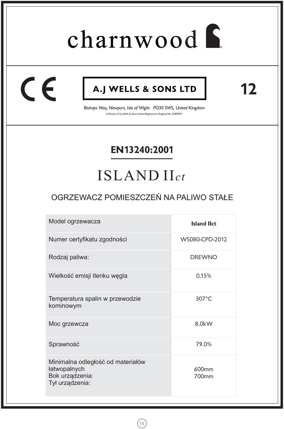 WS080-CPD-2012 DREWNO Wielkość emisji tlenku węgla 0.15% Temperatura spalin w przewodzie kominowym 307 C Moc grzewcza 8.