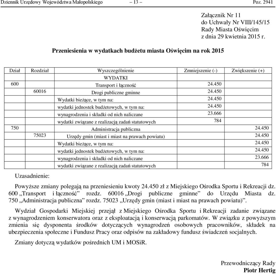 666 wydatki związane z realizacją zadań statutowych 784 750 Administracja publiczna 24.450 75023 Urzędy gmin (miast i miast na prawach powiatu) 24.450 Wydatki bieżące, w tym na: 24.