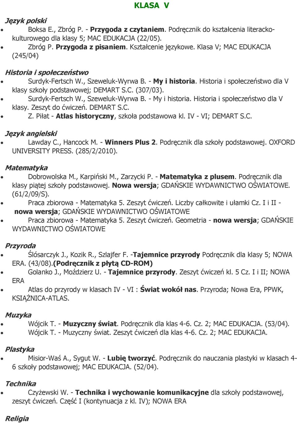 Surdyk-Fertsch W., Szeweluk-Wyrwa B. - My i historia. Historia i społeczeństwo dla V klasy. Zeszyt do ćwiczeń. DEMART S.C. Z. Piłat - Atlas historyczny, szkoła podstawowa kl. IV - VI; DEMART S.C. Lawday C.