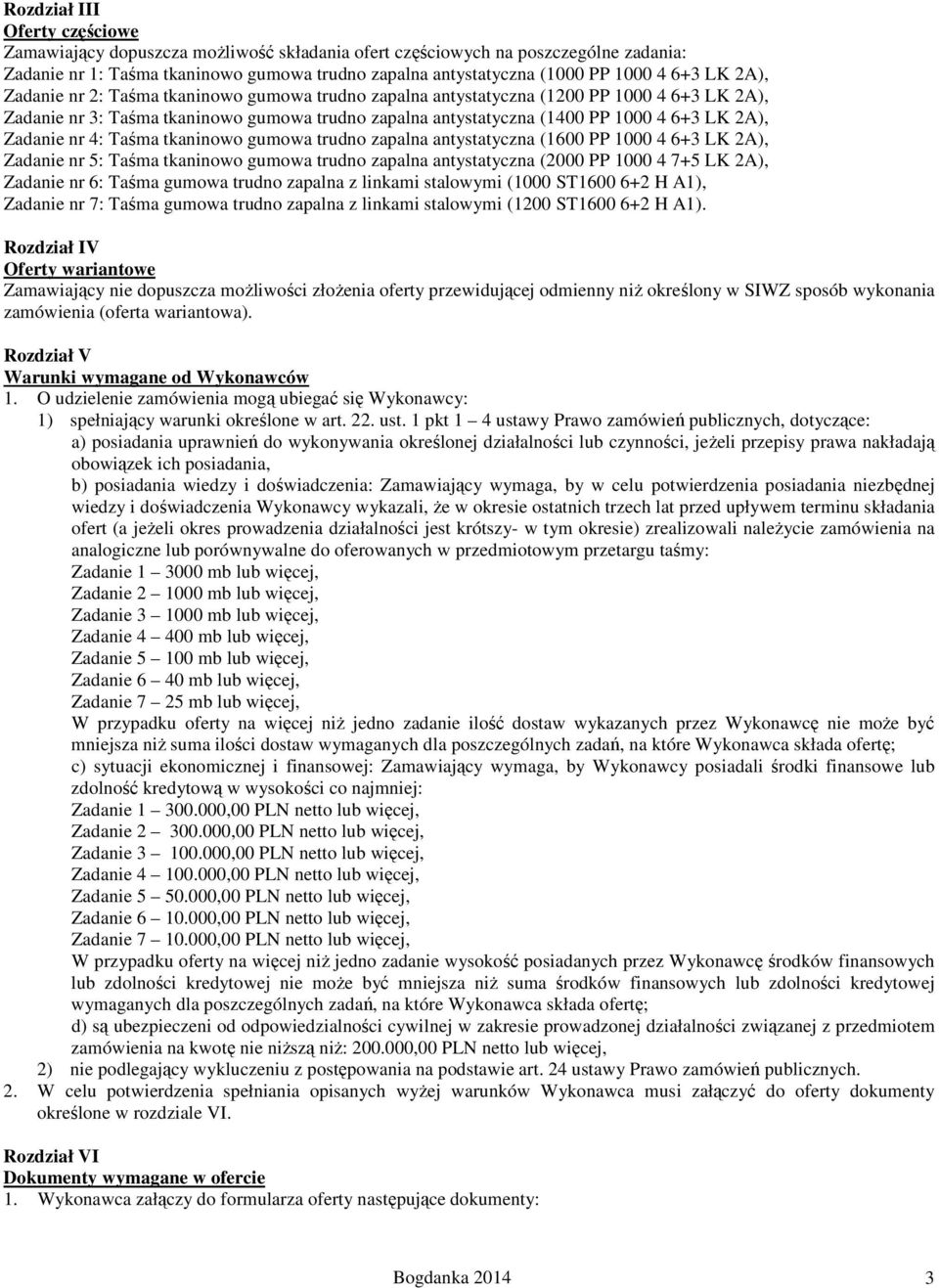 Zadanie nr 4: Taśma tkaninowo gumowa trudno zapalna antystatyczna (1600 PP 1000 4 6+3 LK 2A), Zadanie nr 5: Taśma tkaninowo gumowa trudno zapalna antystatyczna (2000 PP 1000 4 7+5 LK 2A), Zadanie nr