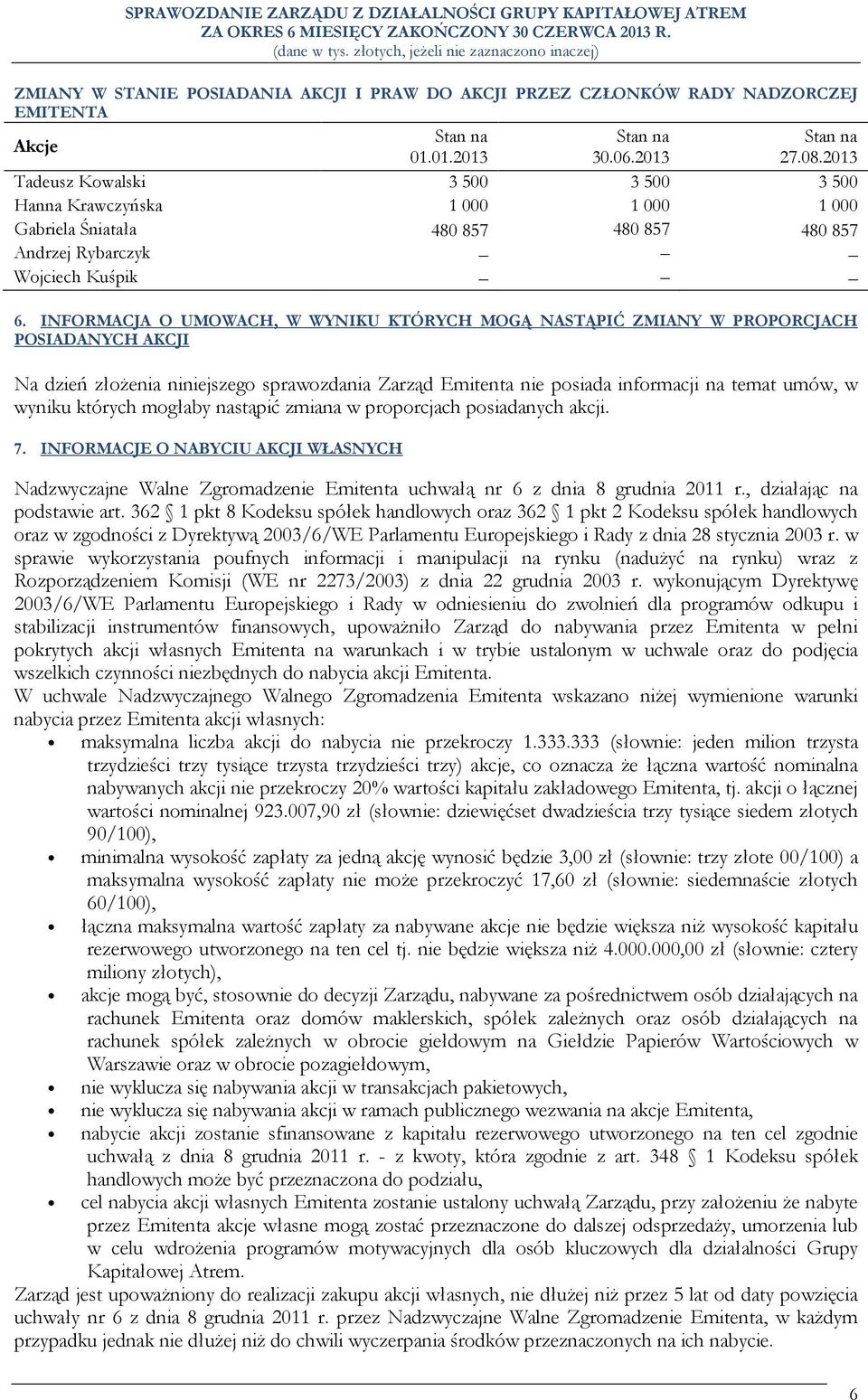 INFORMACJA O UMOWACH, W WYNIKU KTÓRYCH MOGĄ NASTĄPIĆ ZMIANY W PROPORCJACH POSIADANYCH AKCJI Na dzień złożenia niniejszego sprawozdania Zarząd Emitenta nie posiada informacji na temat umów, w wyniku