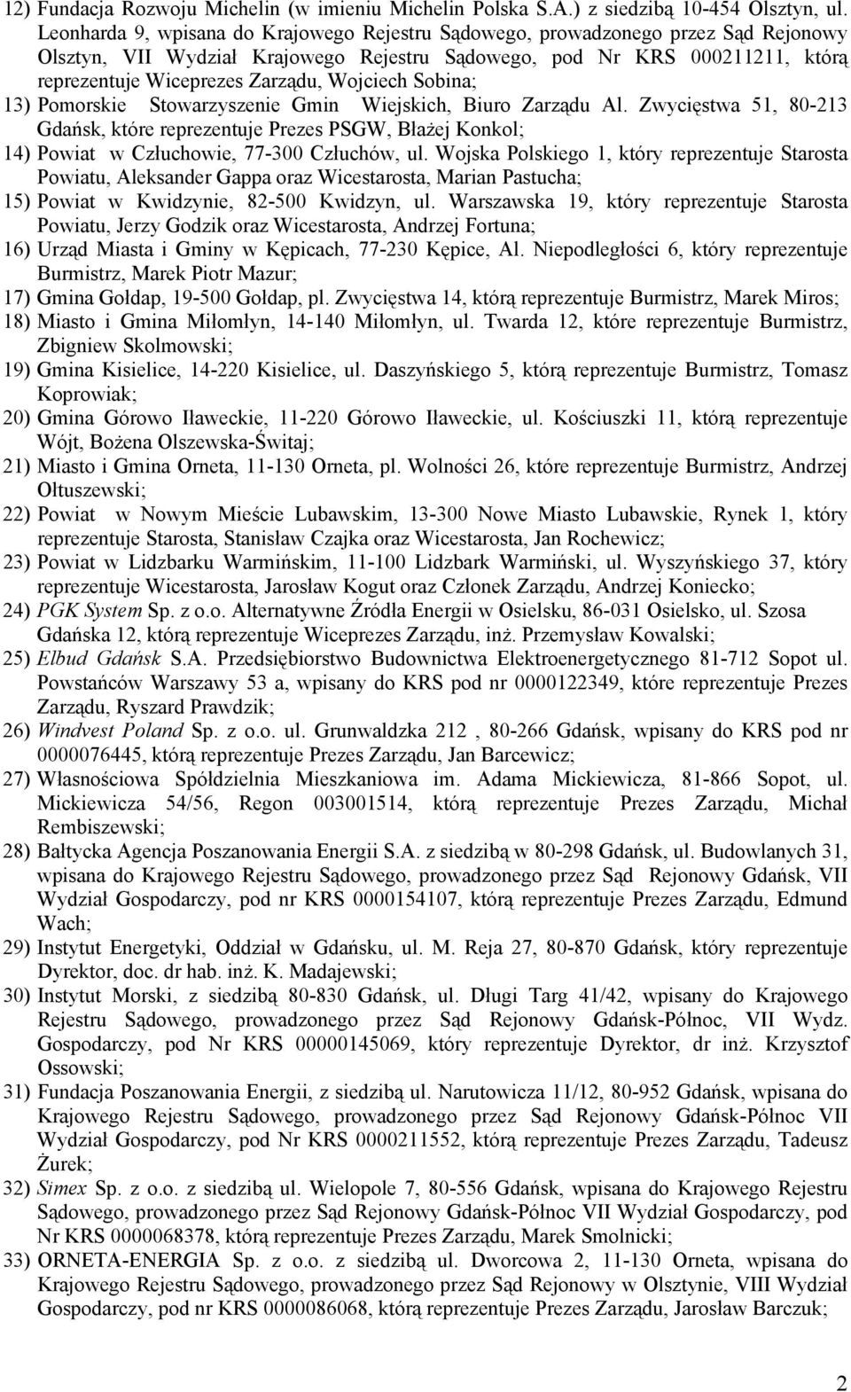 Wojciech Sobina; 13) Pomorskie Stowarzyszenie Gmin Wiejskich, Biuro Zarządu Al.