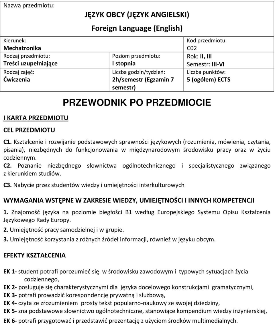 Kształcenie i rozwijanie podstawowych sprawności językowych (rozumienia, mówienia, czytania, pisania), niezbędnych do funkcjonowania w międzynarodowym środowisku pracy oraz w życiu codziennym. C2.