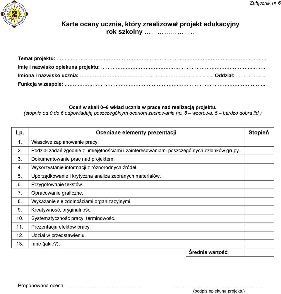 Oceniane elementy prezentacji Stopień 1. Właściwe zaplanowanie pracy. 2. Podział zadań zgodnie z umiejętnościami i zainteresowaniami poszczególnych członków grupy. 3.