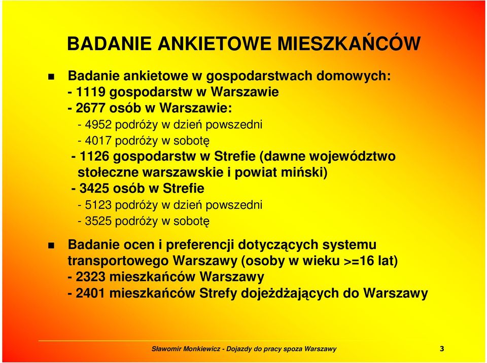 powiat miński) - 3425 osób w Strefie - 5123 podróŝy w dzień powszedni - 3525 podróŝy w sobotę Badanie ocen i preferencji dotyczących