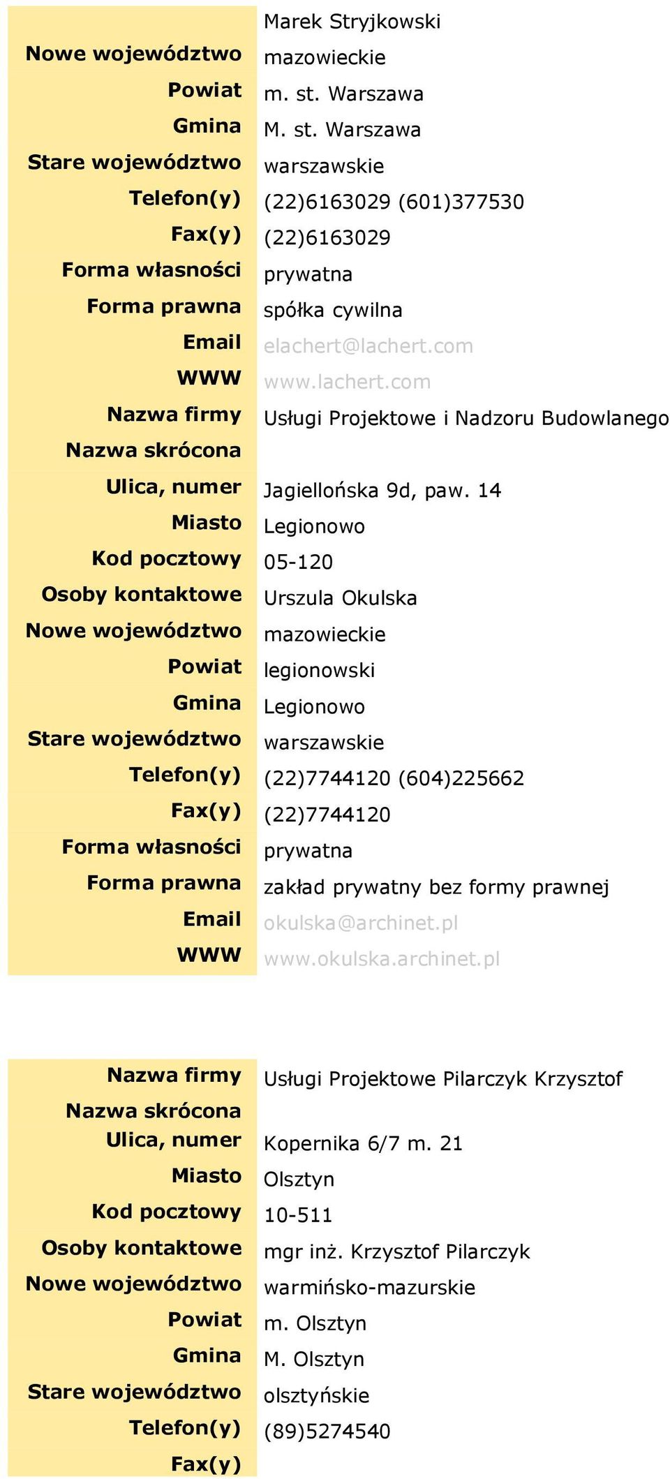 14 Miasto Legionowo Kod pocztowy 05-120 Osoby kontaktowe Urszula Okulska Powiat legionowski Gmina Legionowo Telefon(y) (22)7744120 (604)225662 Fax(y) (22)7744120 Email okulska@archinet.