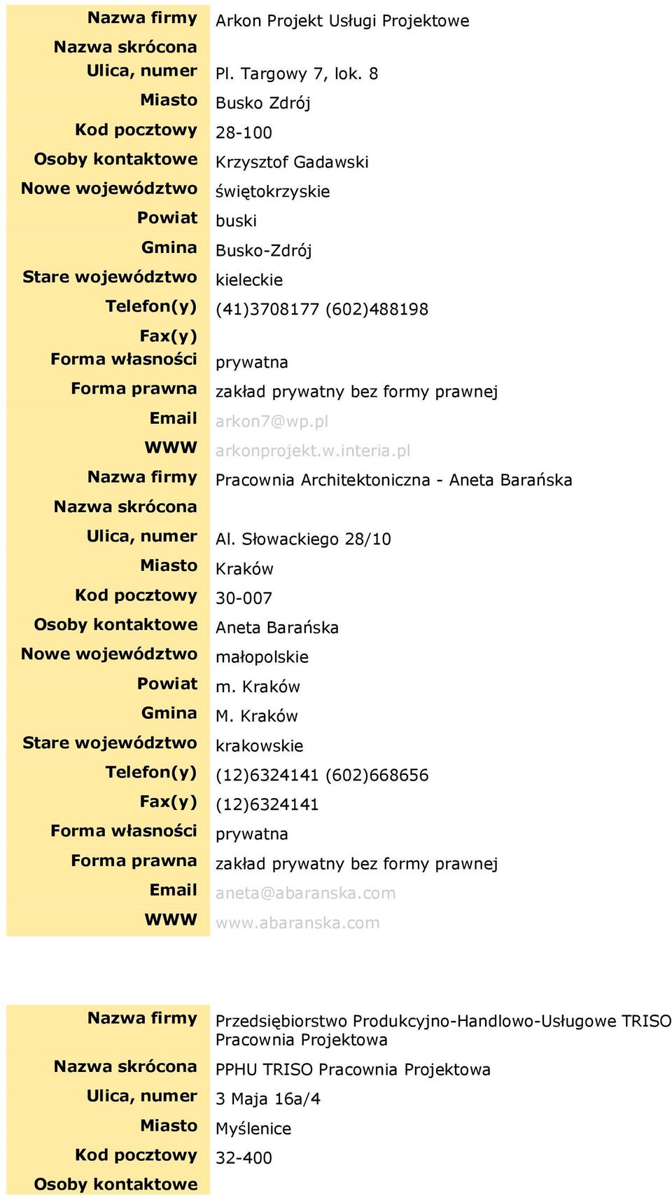 (602)488198 Fax(y) Email arkon7@wp.pl WWW arkonprojekt.w.interia.pl Nazwa firmy Pracownia Architektoniczna - Aneta Barańska Ulica, numer Al.