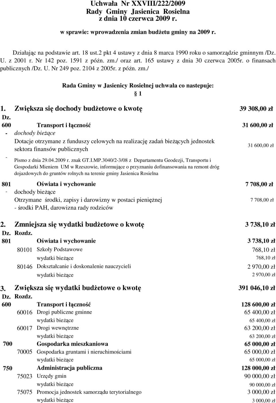 2104 z 2005r. z późn. zm./ 1. Zwiększa się dochody budŝetowe o kwotę 39 308,00 zł Dz.