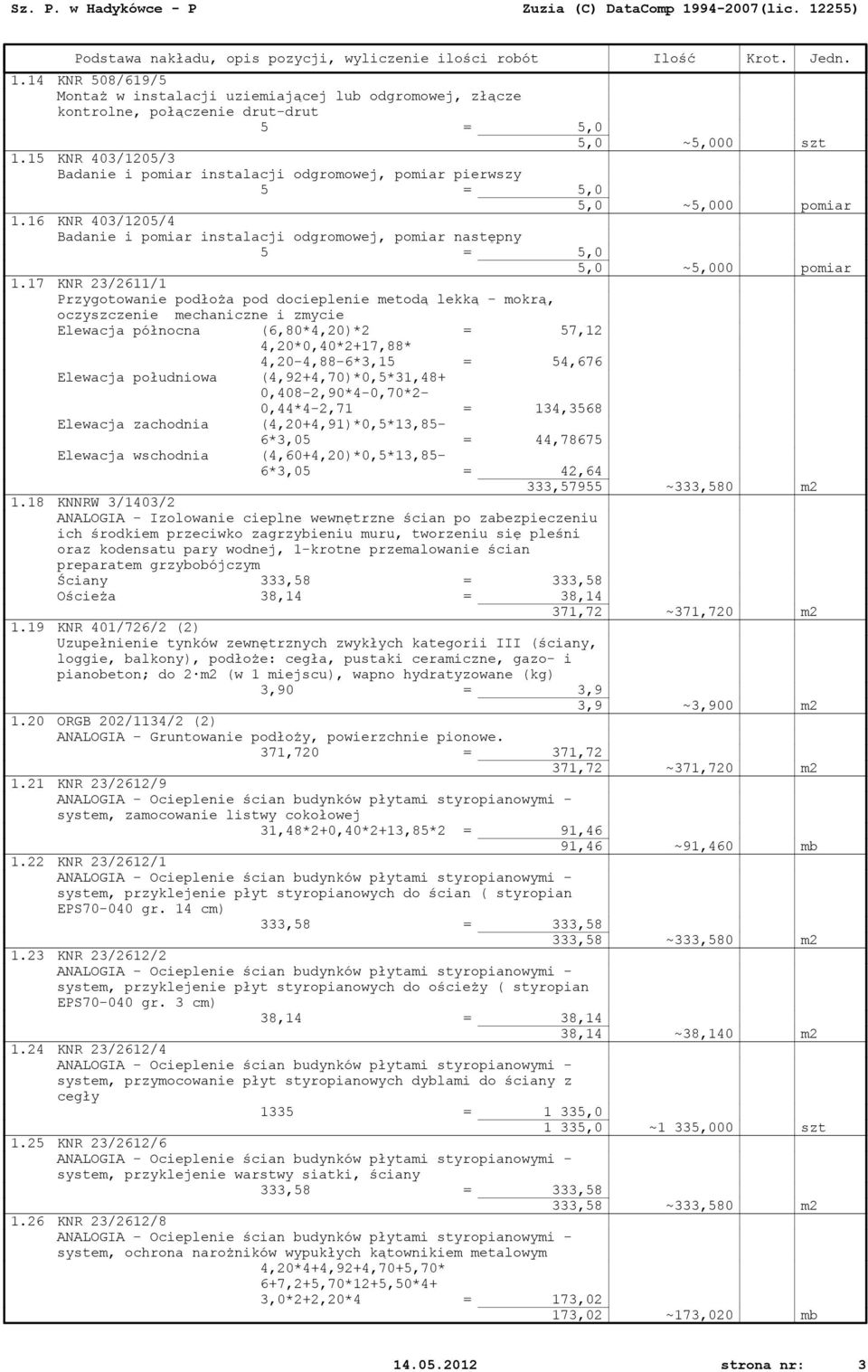 17 KNR 23/2611/1 Przygotowanie podłoża pod docieplenie metodą lekką - mokrą, oczyszczenie mechaniczne i zmycie Elewacja północna (6,80*4,20)*2 = 57,12 4,20*0,40*2+17,88* 4,20-4,88-6*3,15 = 54,676