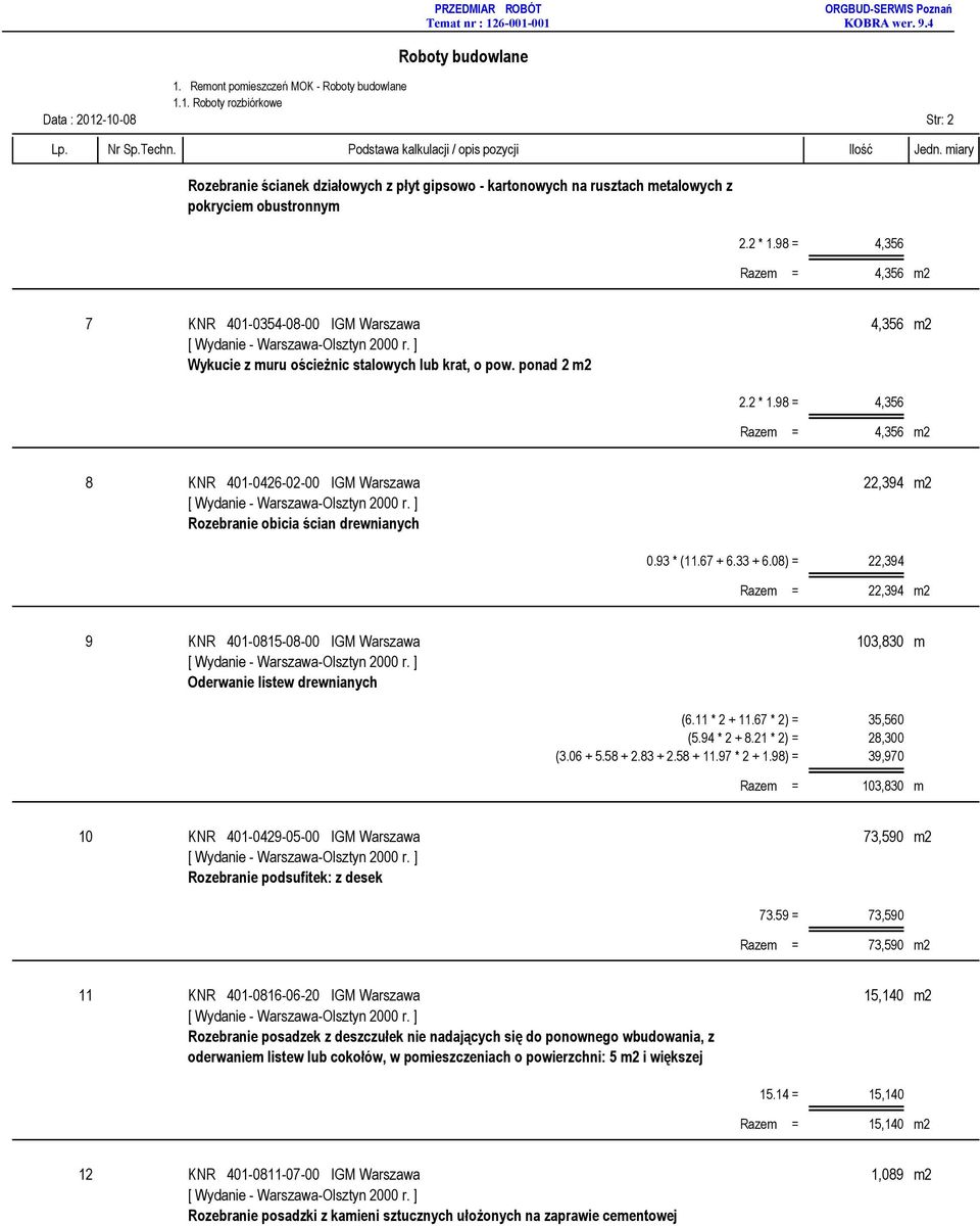 98 = 4,356 Razem = 4,356 m2 8 KNR 401-0426-02-00 IGM Warszawa 22,394 m2 Rozebranie obicia ścian drewnianych 0.93 * (11.67 + 6.33 + 6.