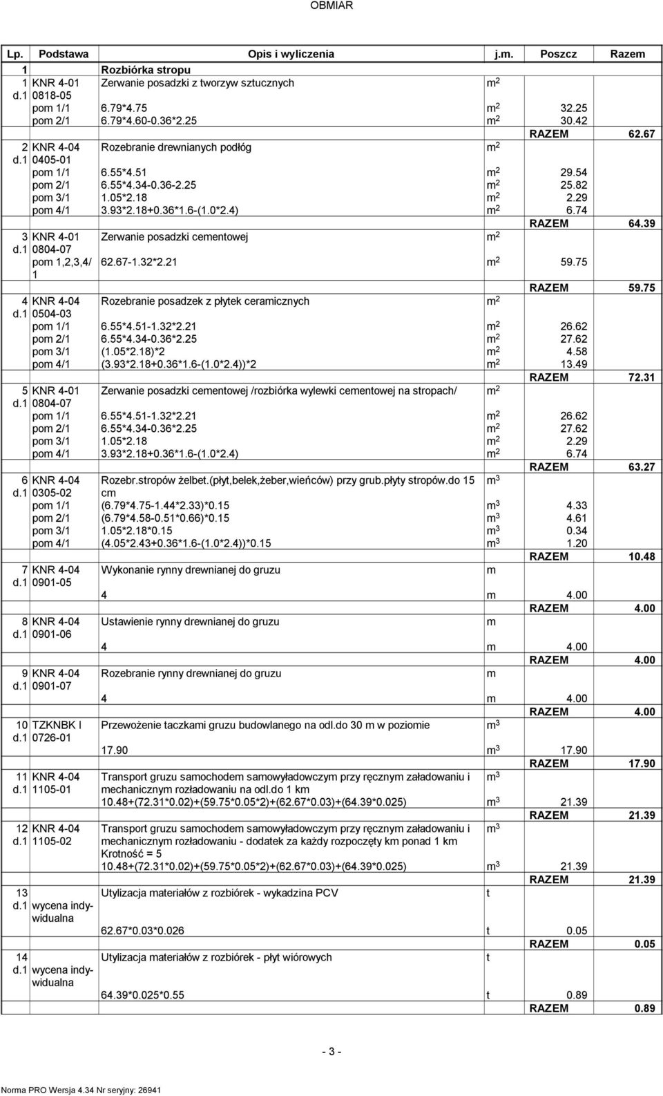 39 3 KNR 4-01 Zerwanie posadzki ceentowej 2 d.1 0804-07 po 1,2,3,4/ 62.67-1.32*2.21 2 59.75 1 RAZEM 59.75 4 KNR 4-04 Rozebranie posadzek z płytek ceraicznych 2 d.1 0504-03 po 1/1 6.55*4.51-1.32*2.21 2 26.