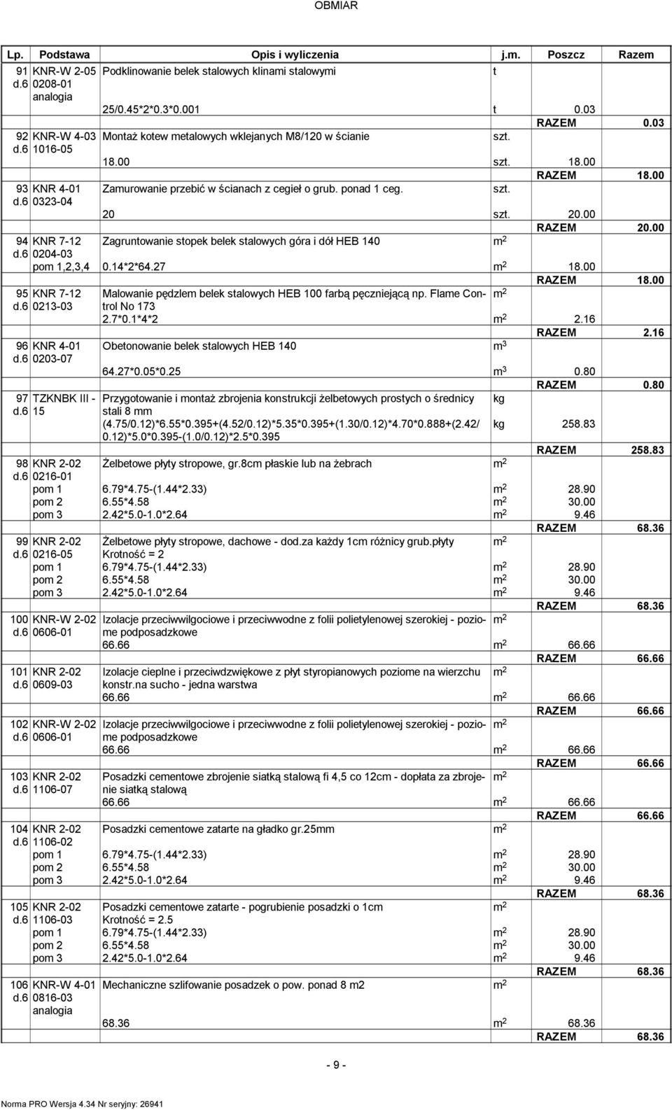 00 RAZEM 20.00 94 KNR 7-12 Zagruntowanie stopek belek stalowych góra i dół HEB 140 2 d.6 0204-03 po 1,2,3,4 0.14*2*64.27 2 18.00 RAZEM 18.