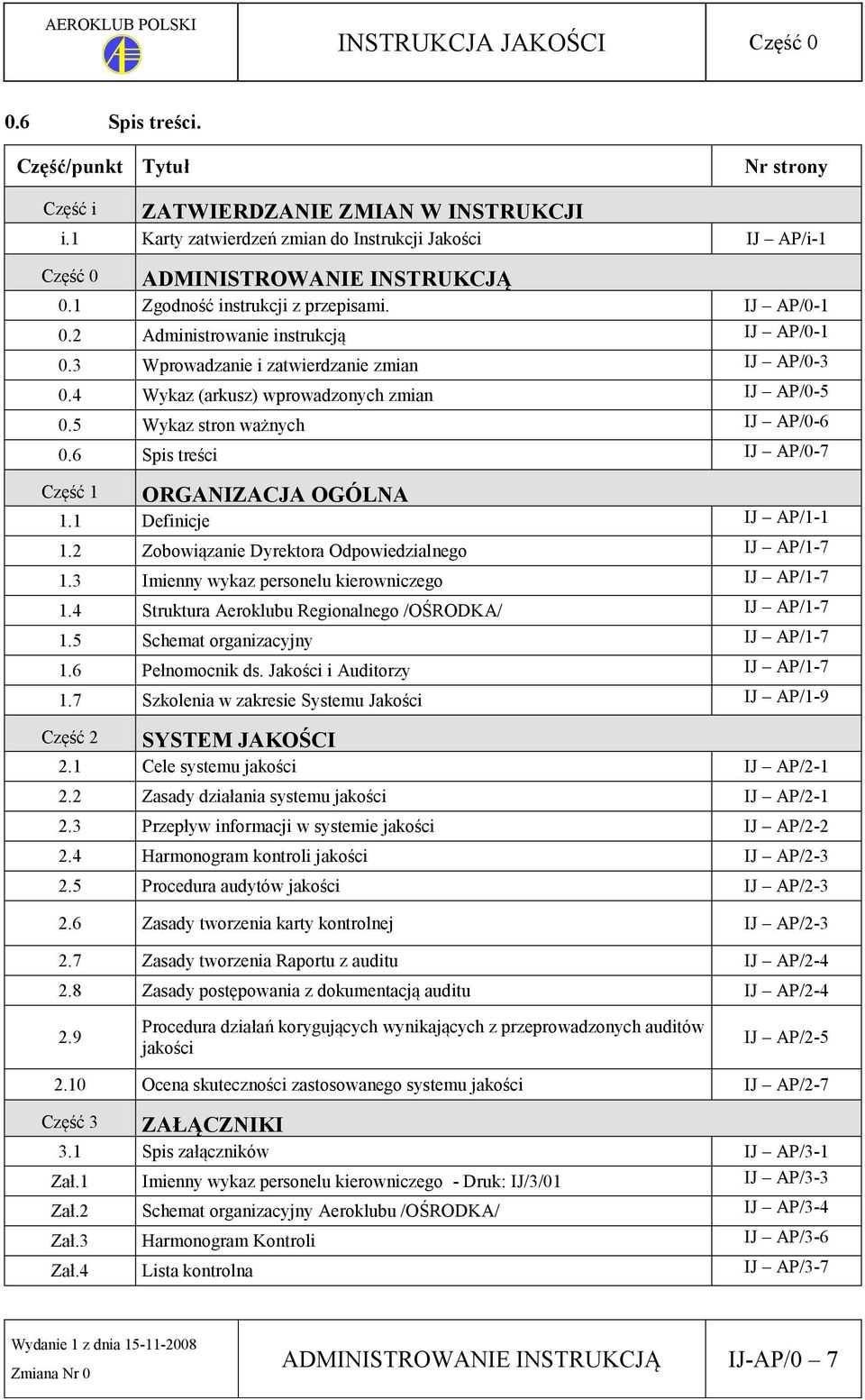 5 Wykaz stron ważnych IJ AP/0-6 0.6 Spis treści IJ AP/0-7 ORGANIZACJA OGÓLNA 1.1 Definicje IJ AP/1-1 Część 1 1.2 Zobowiązanie Dyrektora Odpowiedzialnego IJ AP/1-7 1.