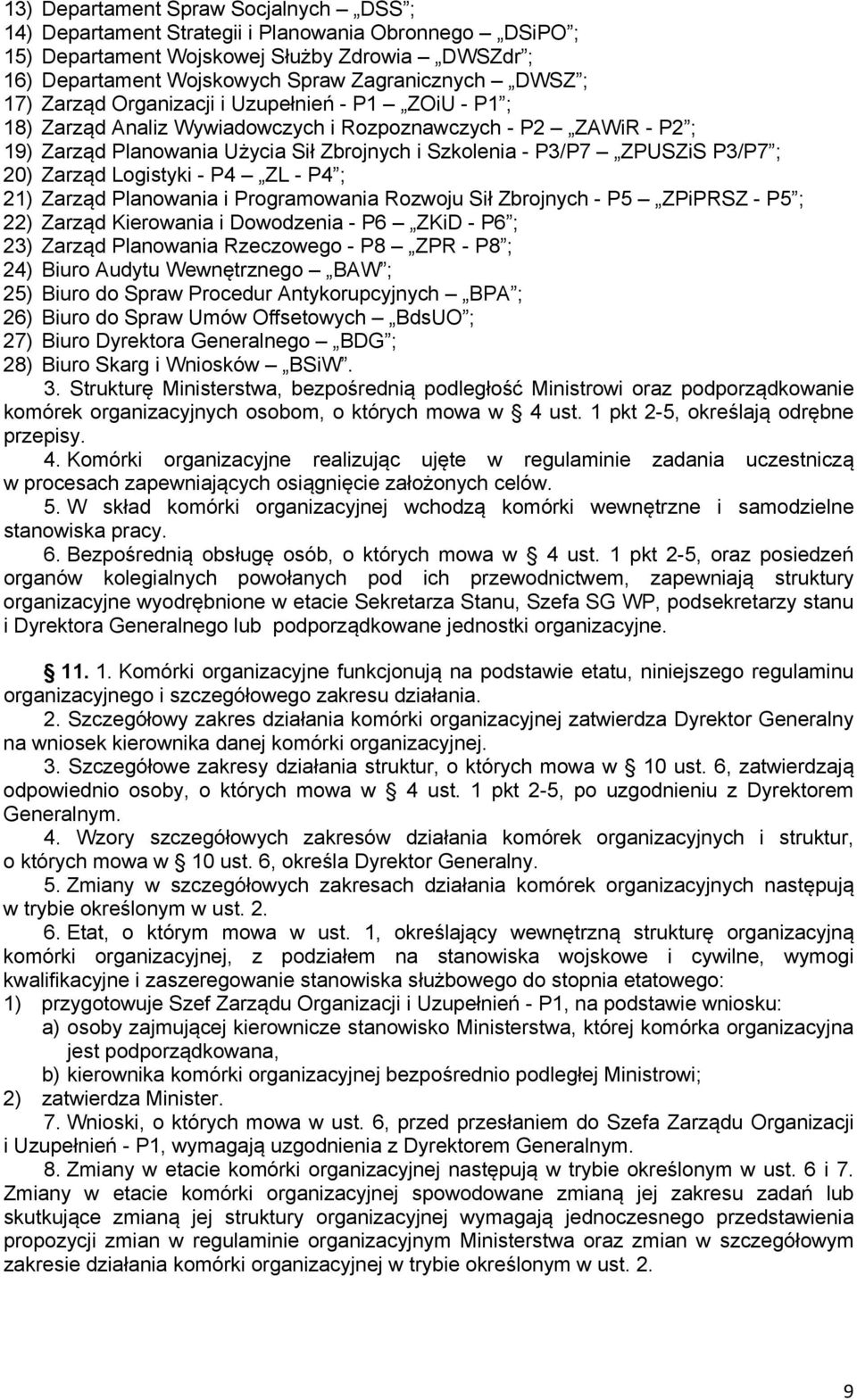 20) Zarząd Logistyki - P4 ZL - P4 ; 21) Zarząd Planowania i Programowania Rozwoju Sił Zbrojnych - P5 ZPiPRSZ - P5 ; 22) Zarząd Kierowania i Dowodzenia - P6 ZKiD - P6 ; 23) Zarząd Planowania