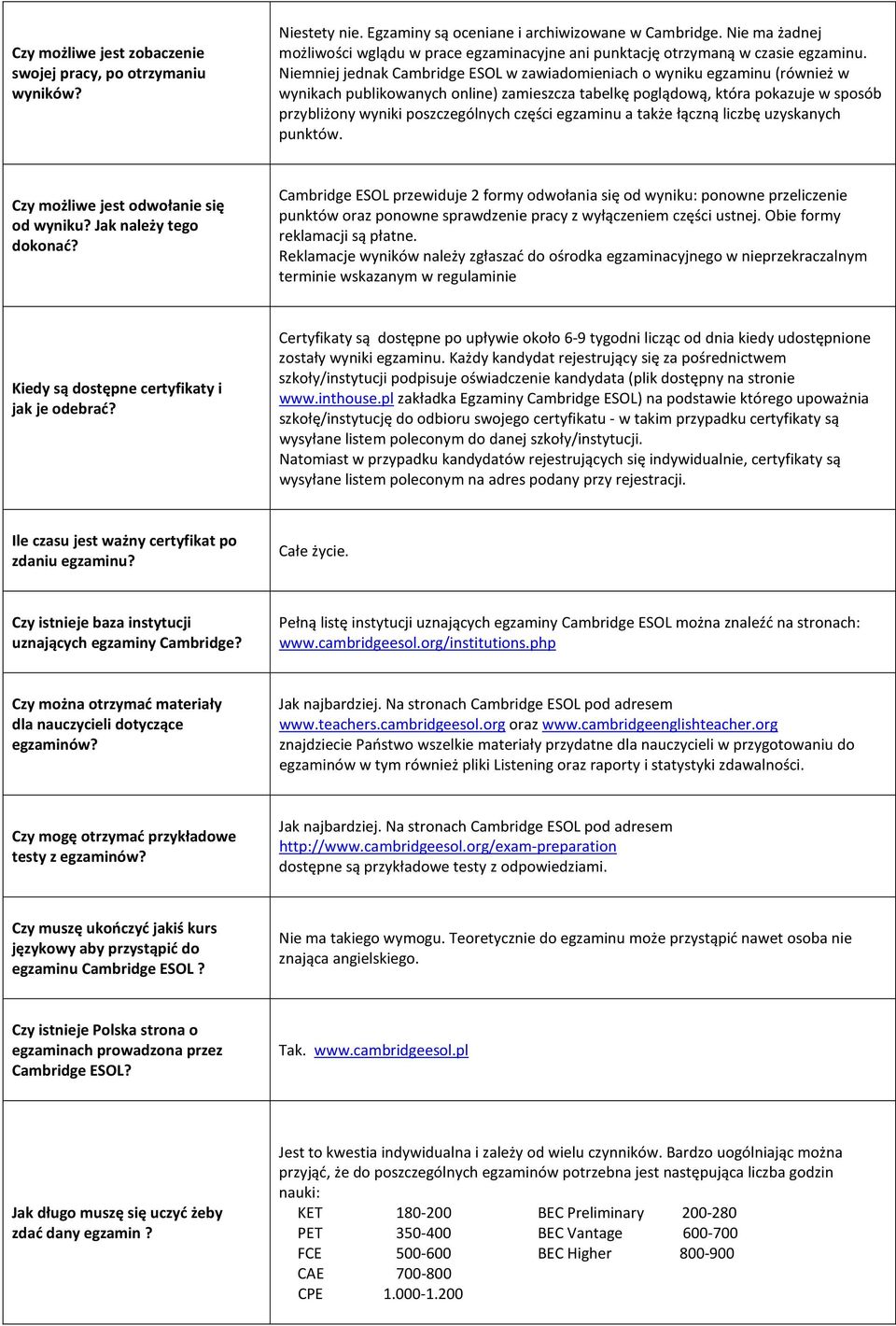 Niemniej jednak Cambridge ESOL w zawiadomieniach o wyniku egzaminu (również w wynikach publikowanych online) zamieszcza tabelkę poglądową, która pokazuje w sposób przybliżony wyniki poszczególnych