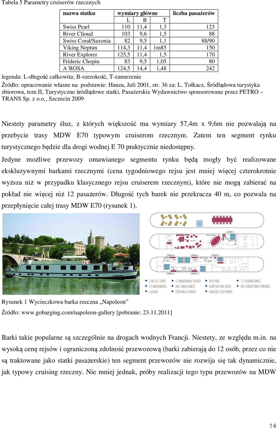 podstawie: Hanza, Juli 2001, str. 36 za: L. Tołkacz, Śródlądowa turystyka zbiorowa, tom II, Turystyczne śródlądowe statki, Pasażerskie Wydawnictwo sponsorowane przez PETRO TRANS Sp. z o.o., Szczecin 2009 Niestety parametry śluz, z których większość ma wymiary 57,4m x 9,6m nie pozwalają na przebycie trasy MDW E70 typowym cruiserom rzecznym.