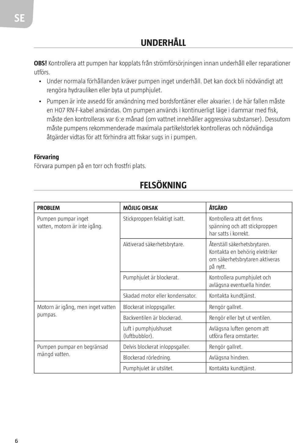 Om pumpen används i kontinuerligt läge i dammar med fisk, måste den kontrolleras var 6:e månad (om vattnet innehåller aggressiva substanser).