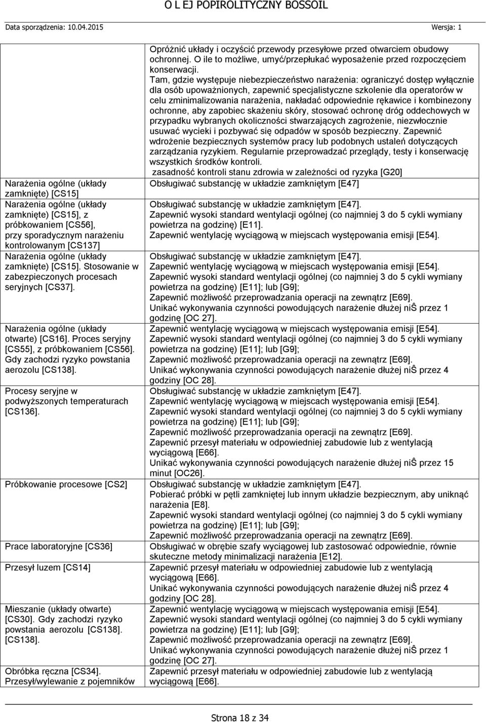 Próbkowanie procesowe [CS2] Prace laboratoryjne [CS36] Przesył luzem [CS14] Mieszanie (układy otwarte) [CS30]. Gdy zachodzi ryzyko powstania aerozolu [CS138]. [CS138]. Obróbka ręczna [CS34].