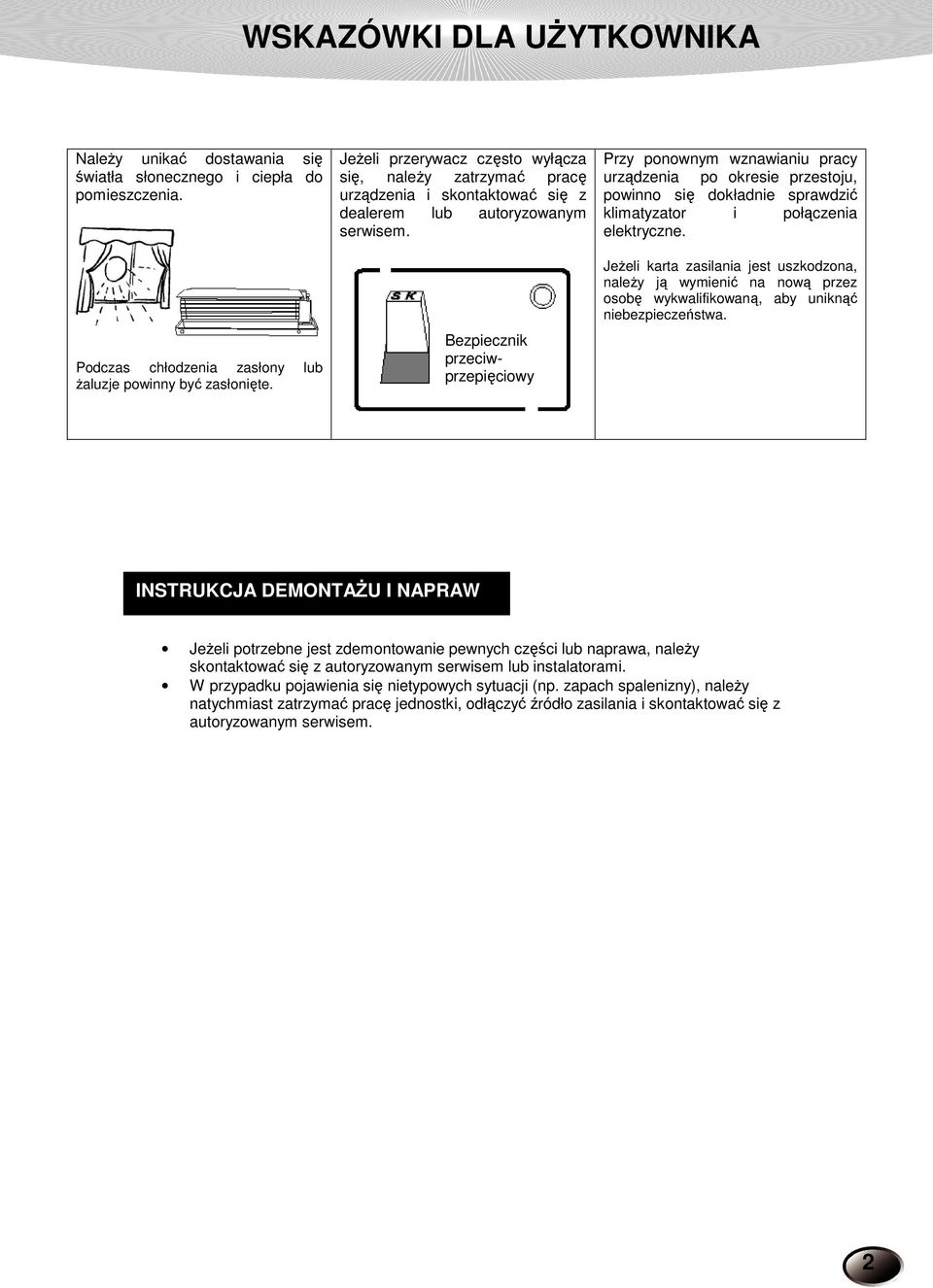 Bezpiecznik przeciwprzepięciowy Przy ponownym wznawianiu pracy urządzenia po okresie przestoju, powinno się dokładnie sprawdzić klimatyzator i połączenia elektryczne.