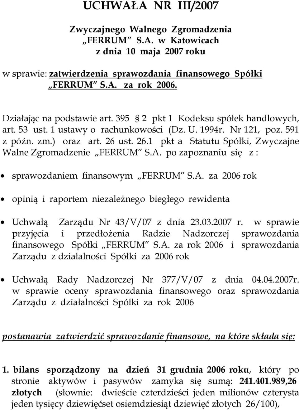 po zapoznaniu się z : sprawozdaniem finansowym FERRUM S.A. za 2006 rok opinią i raportem niezależnego biegłego rewidenta Uchwałą Zarządu Nr 43/V/07 z dnia 23.03.2007 r.