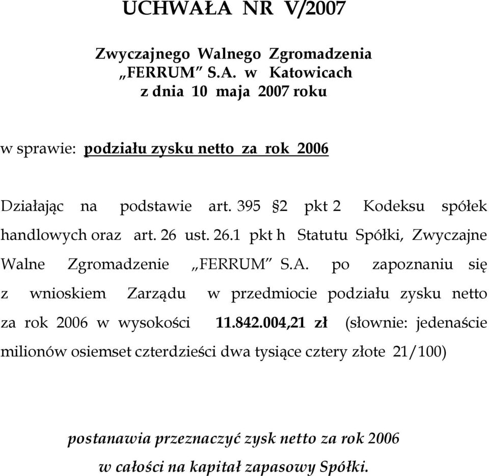 po zapoznaniu się z wnioskiem Zarządu w przedmiocie podziału zysku netto za rok 2006 w wysokości 11.842.