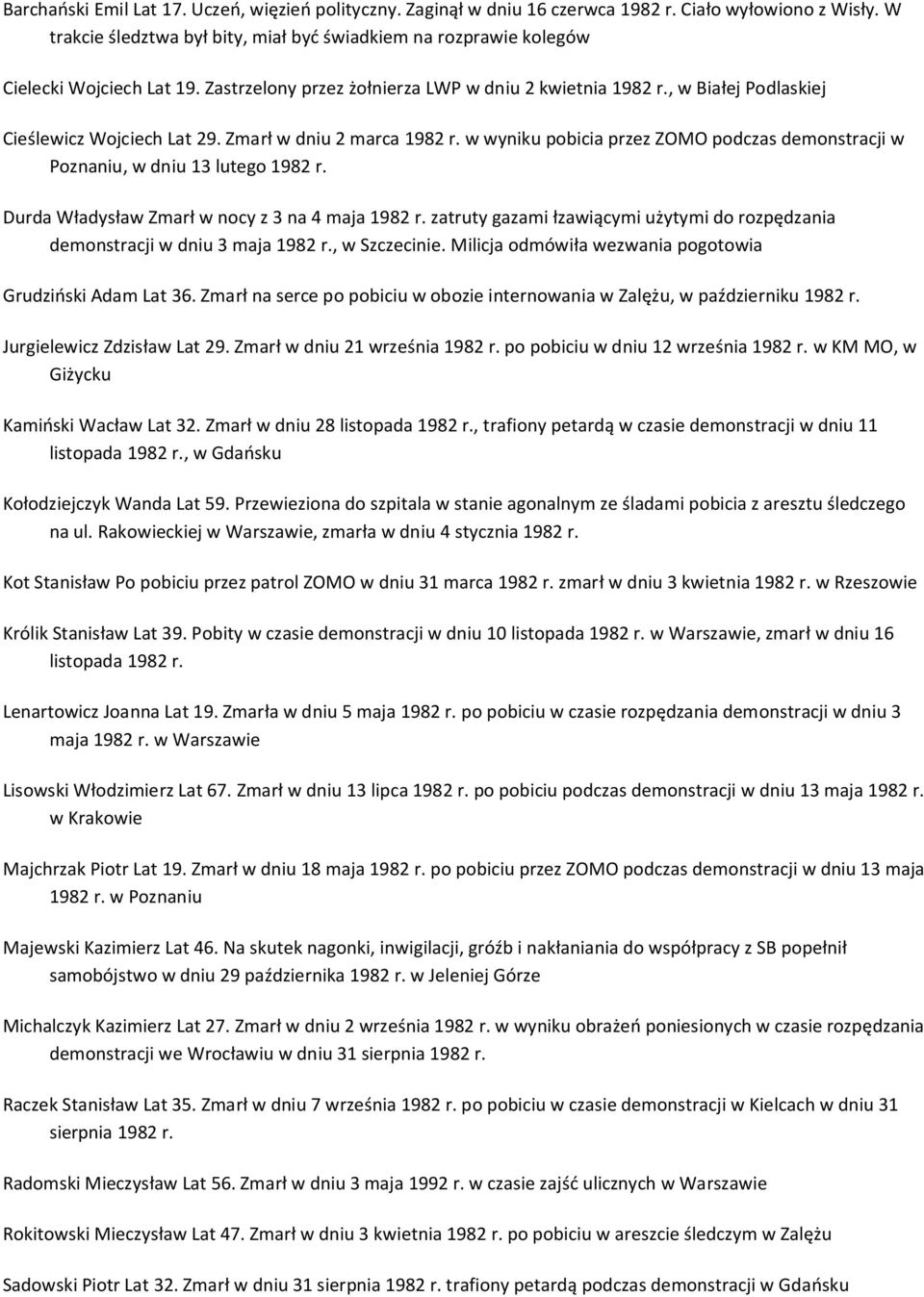 , w Białej Podlaskiej Cieślewicz Wojciech Lat 29. Zmarł w dniu 2 marca 1982 r. w wyniku pobicia przez ZOMO podczas demonstracji w Poznaniu, w dniu 13 lutego 1982 r.