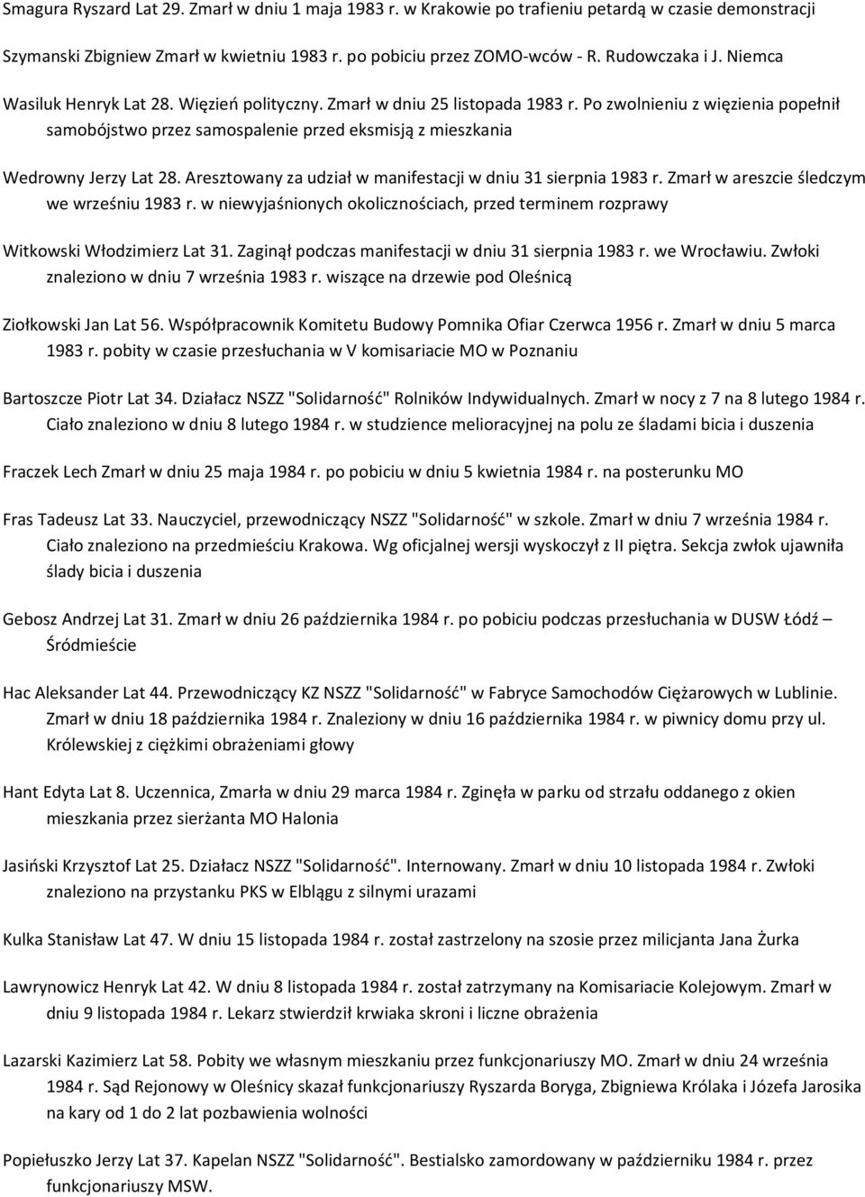 Aresztowany za udział w manifestacji w dniu 31 sierpnia 1983 r. Zmarł w areszcie śledczym we wrześniu 1983 r. w niewyjaśnionych okolicznościach, przed terminem rozprawy Witkowski Włodzimierz Lat 31.