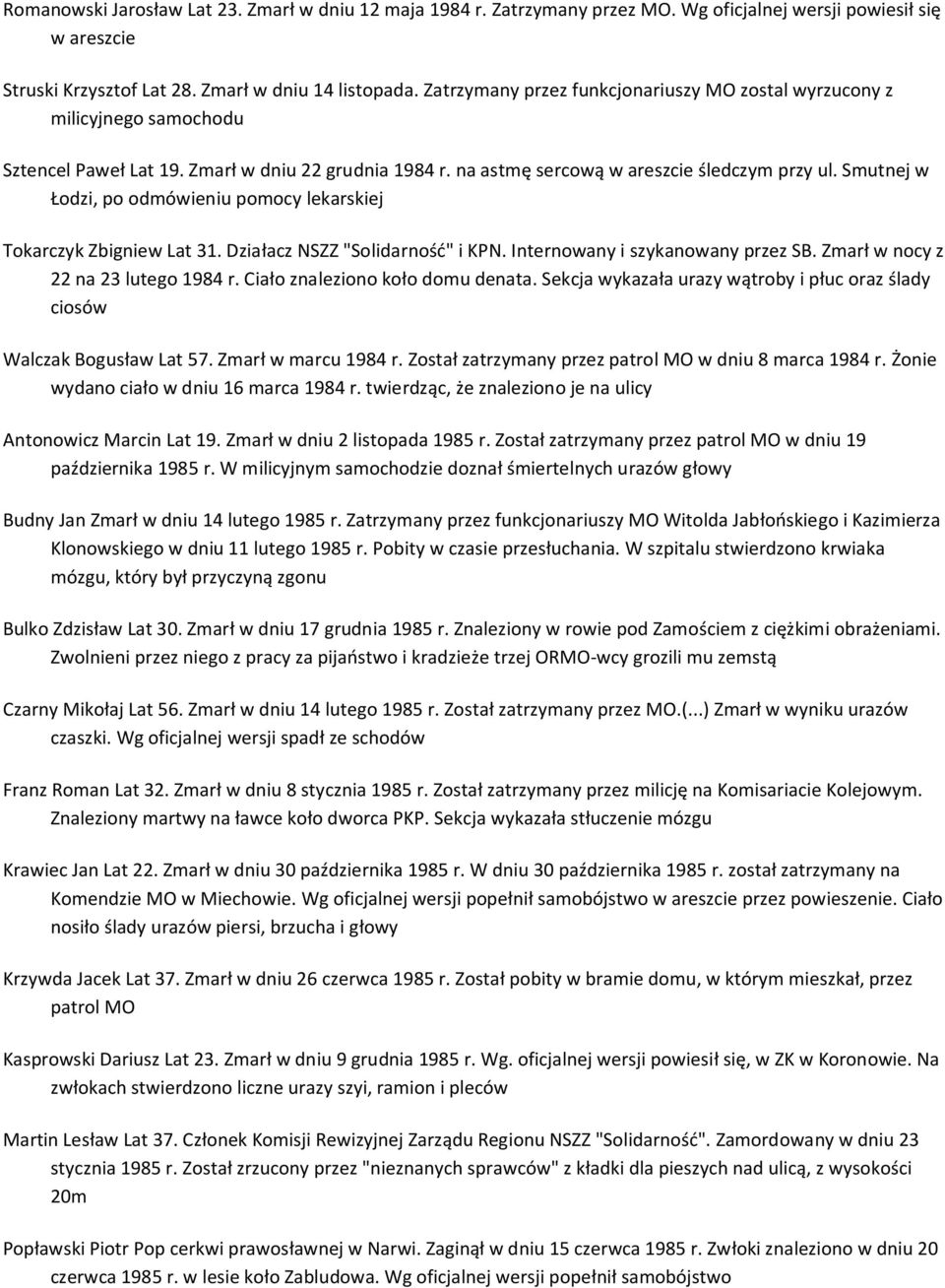 Smutnej w Łodzi, po odmówieniu pomocy lekarskiej Tokarczyk Zbigniew Lat 31. Działacz NSZZ "Solidarność" i KPN. Internowany i szykanowany przez SB. Zmarł w nocy z 22 na 23 lutego 1984 r.