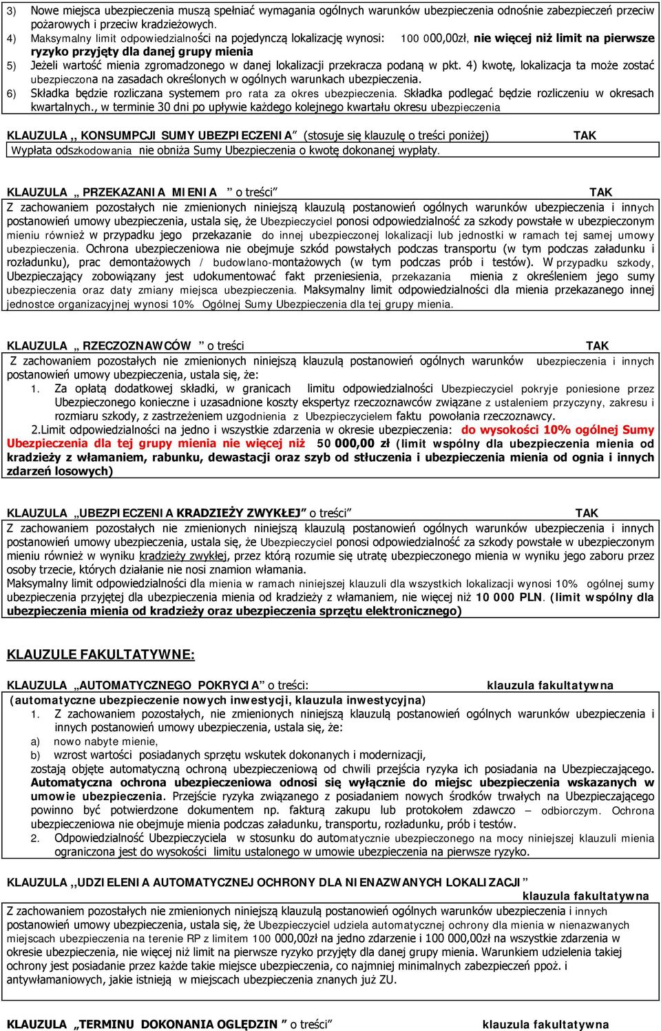 danej lokalizacji przekracza podaną w pkt. 4) kwotę, lokalizacja ta może zostać ubezpieczona na zasadach określonych w ogólnych warunkach ubezpieczenia.