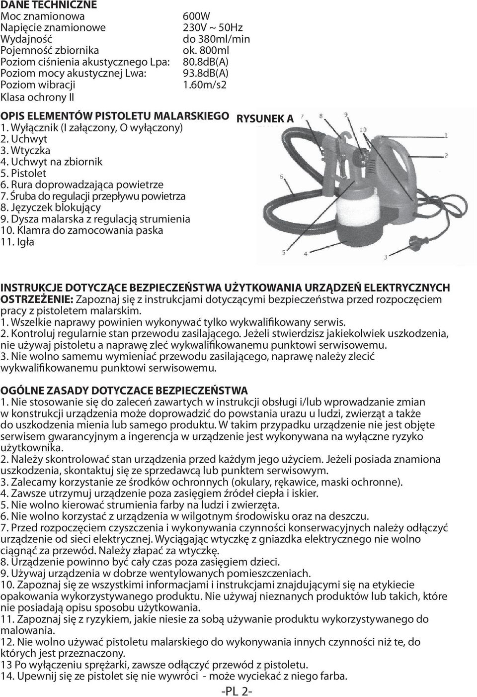 8dB(A) Poziom Hladina mocy vibrací akustycznej Lwa: 93.8dB(A) 1.60m/s2 Poziom Třída ochrany wibracji II 1.60m/s2 Klasa ochrony II OPIS POPIS ELEMENTÓW ČÁSTÍ MALÍŘSKÉ PISTOLETU MALARSKIEGO 1.