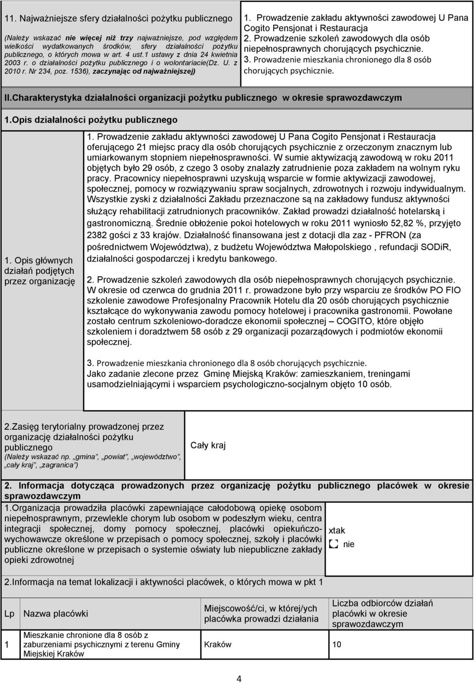 Proadze zakładu aktyności zaodoej U Pana Cogito Pensjonat i Restauracja 2. Proadze szkoleń zaodoych dla osób pełnospranych chorujących psychicz. 3.