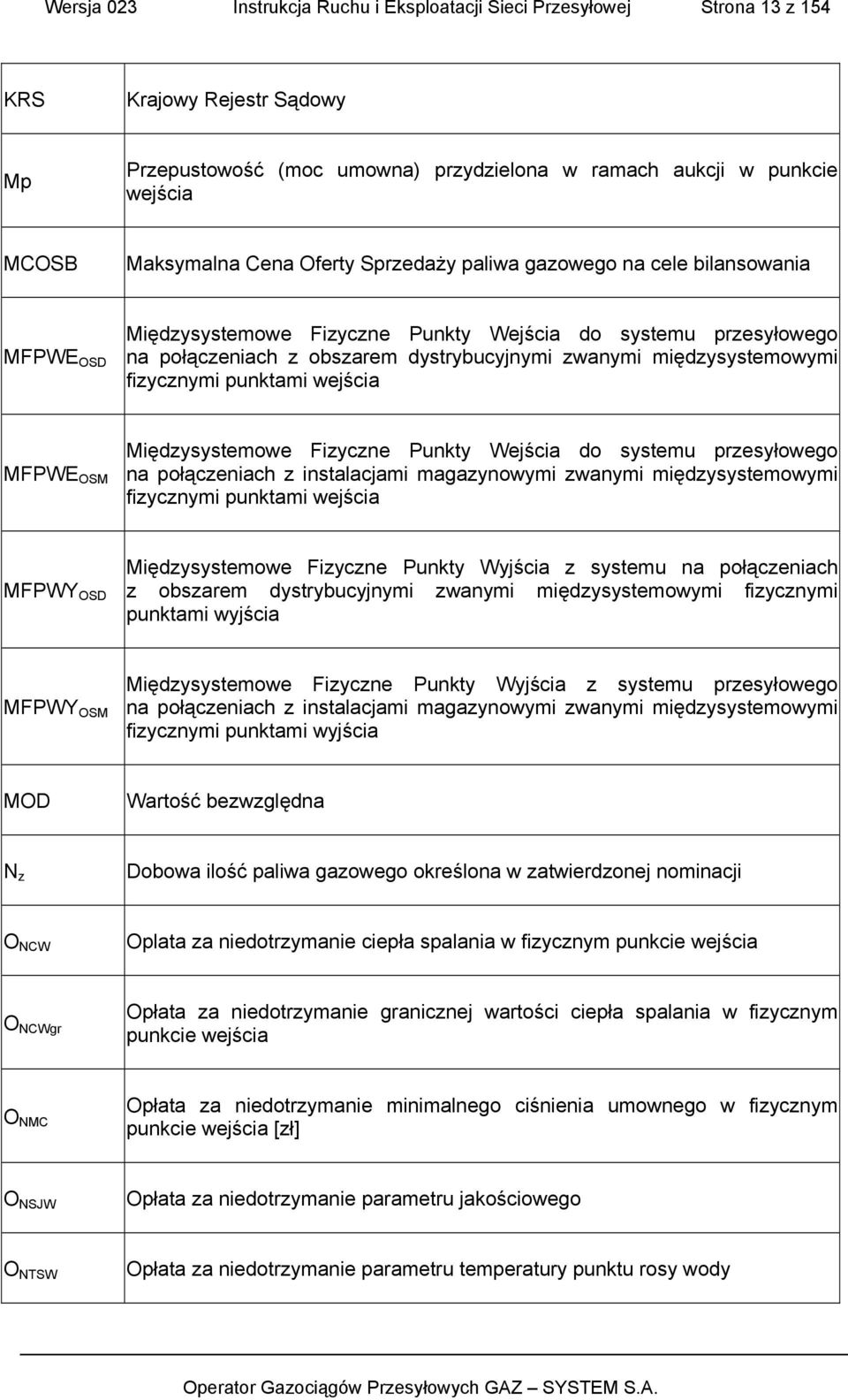 międzysystemowymi fizycznymi punktami wejścia MFPWE OSM Międzysystemowe Fizyczne Punkty Wejścia do systemu przesyłowego na połączeniach z instalacjami magazynowymi zwanymi międzysystemowymi