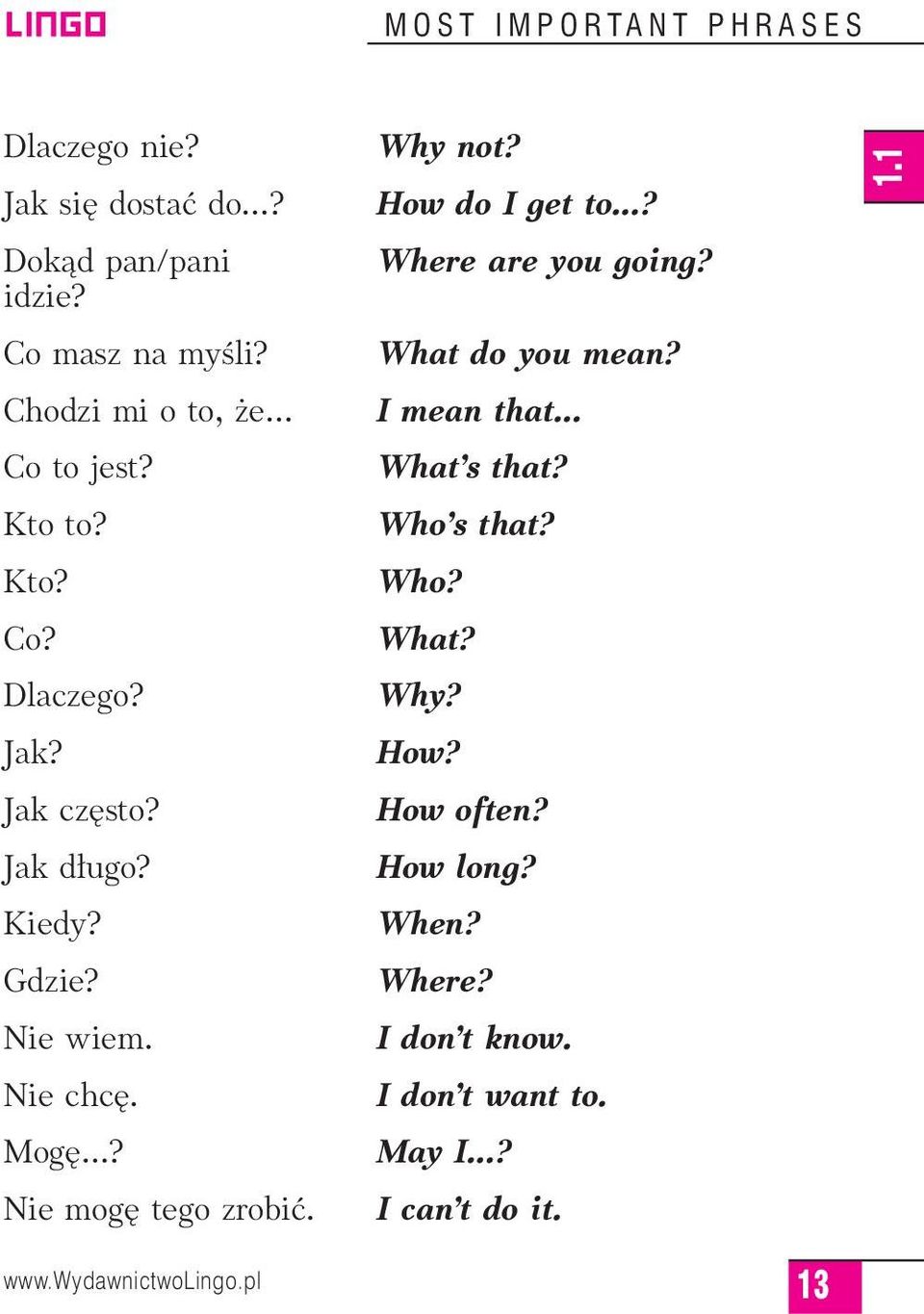 Mog? Nie mog tego zrobiç. Why not? How do I get to? Where are you going? What do you mean? I mean that What s that?