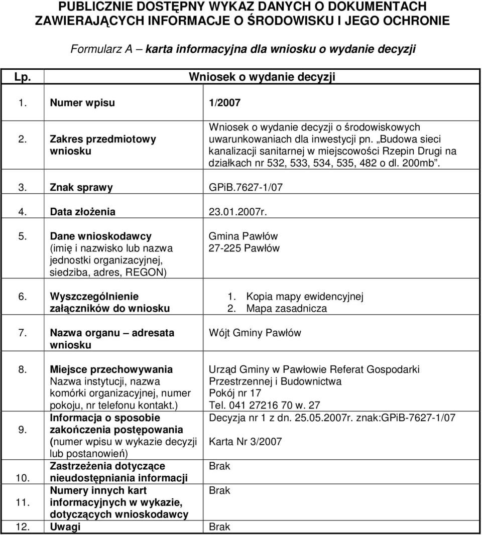 200mb. 3. Znak sprawy GPiB.7627-1/07 4. Data złoenia 23.01.2007r. załczników do Gmina Pawłów 1.