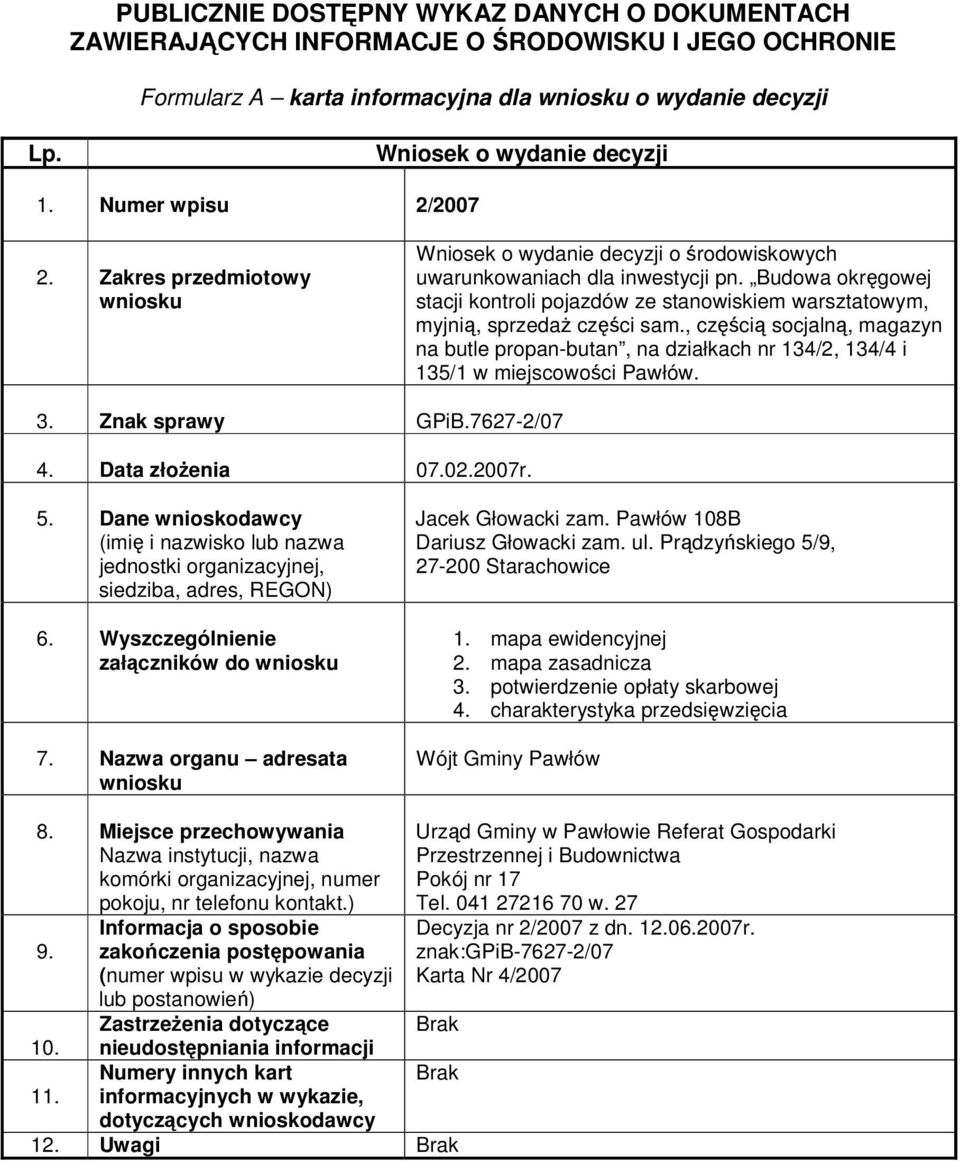 , czci socjaln, magazyn na butle propan-butan, na działkach nr 134/2, 134/4 i 135/1 w miejscowoci Pawłów. 3. Znak sprawy GPiB.7627-2/07 4. Data złoenia 07.02.2007r.